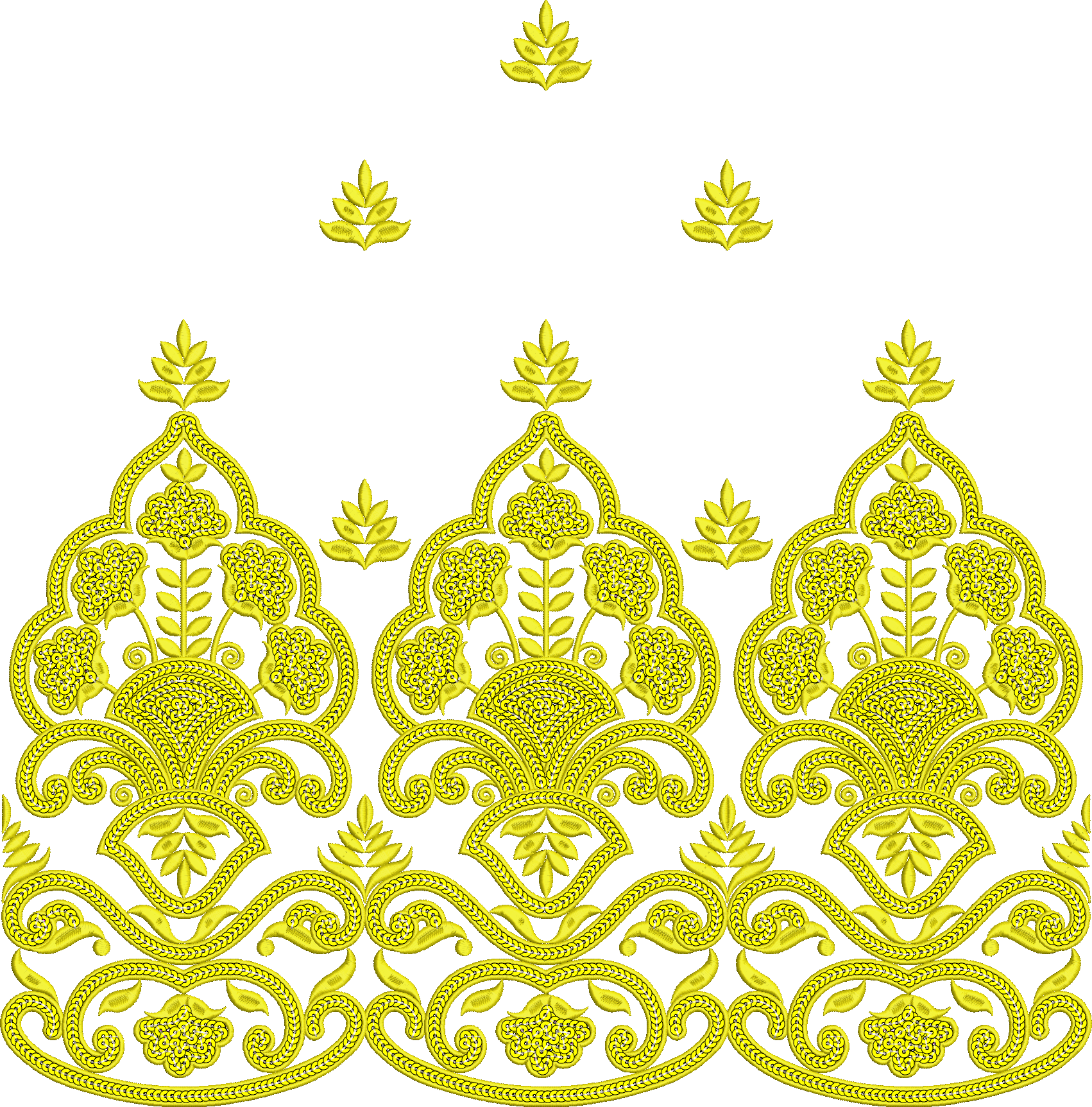 Embroidery design: A yellow ornamental embroidery border design featuring repeating floral and botanical motifs with vine and leaf elements