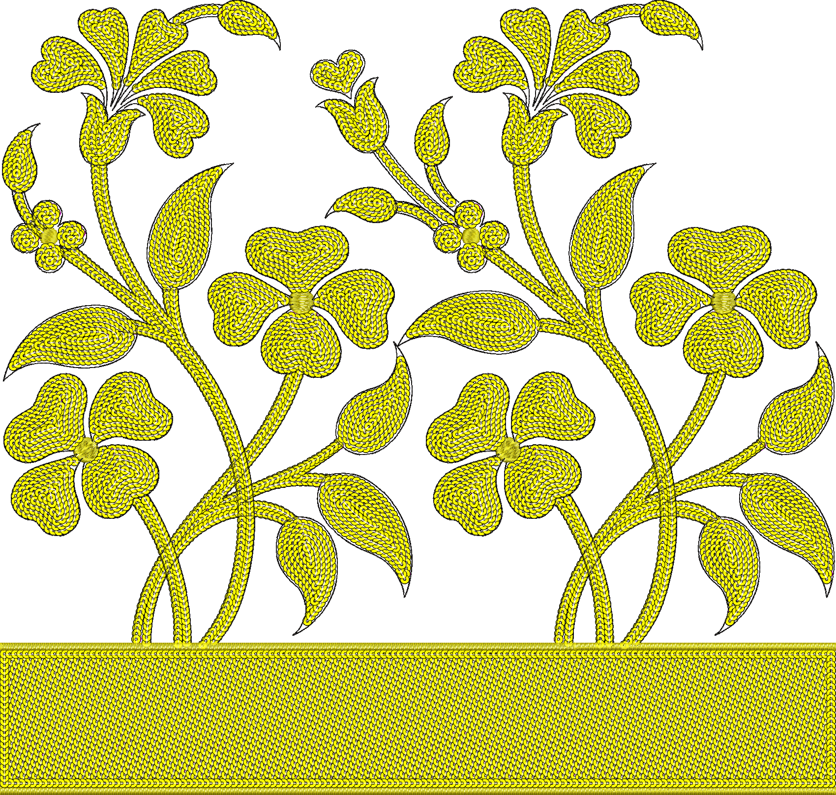 Embroidery design: A yellow floral embroidery design with vines, leaves, and flowers, featuring a dense fill pattern and a decorative borde