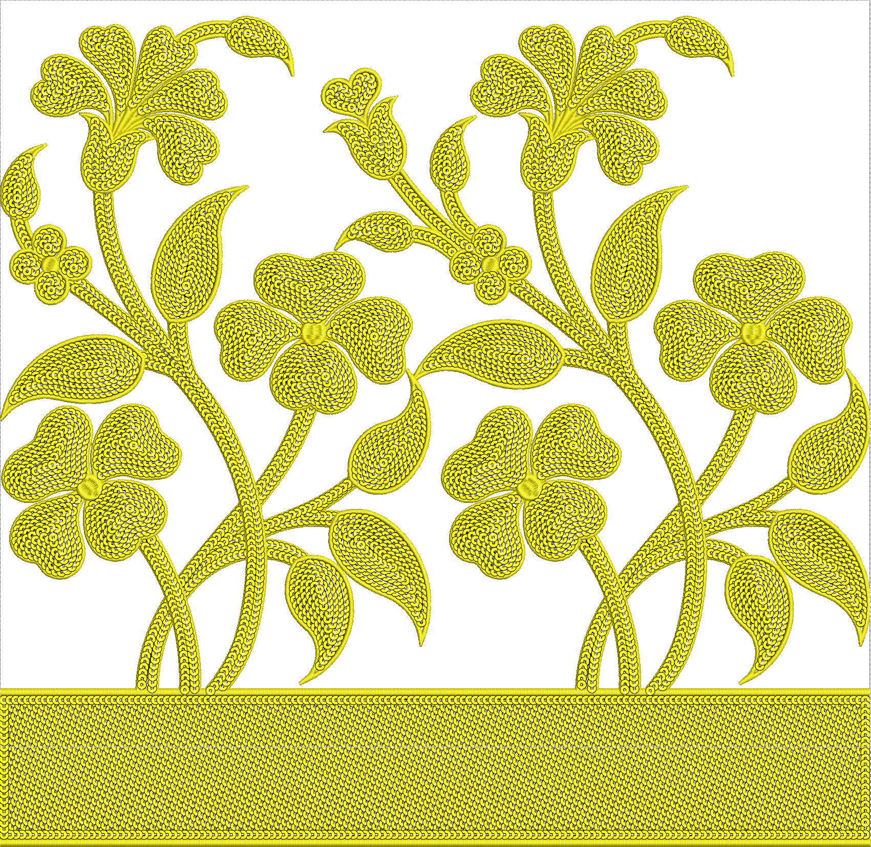 Embroidery design: A yellow embroidery design featuring a repeating floral and vine pattern with a decorative border along the bottom. The 
