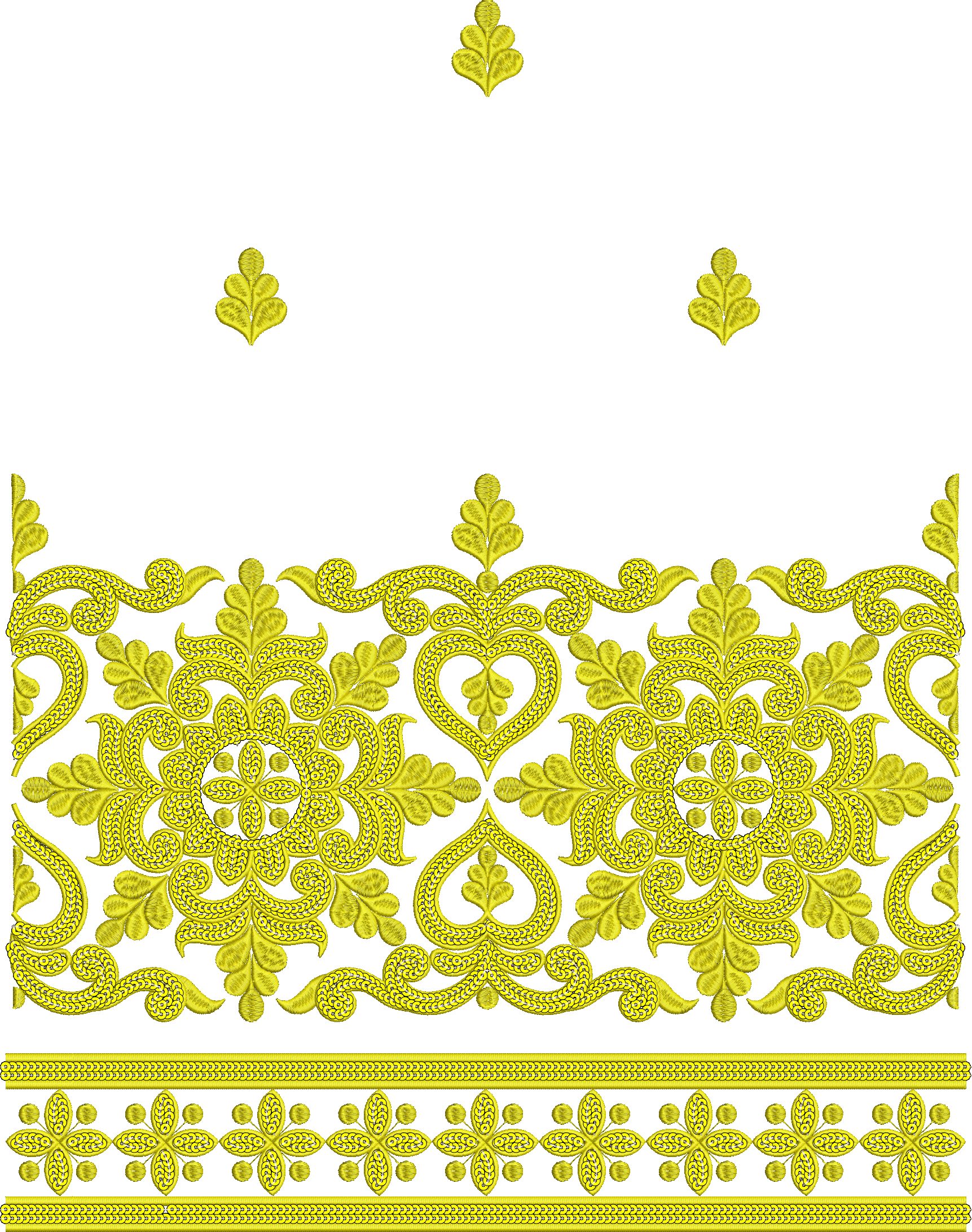 Embroidery design: A decorative and ornamental yellow embroidery design featuring a repeating, symmetrical border with intricate scrollwork