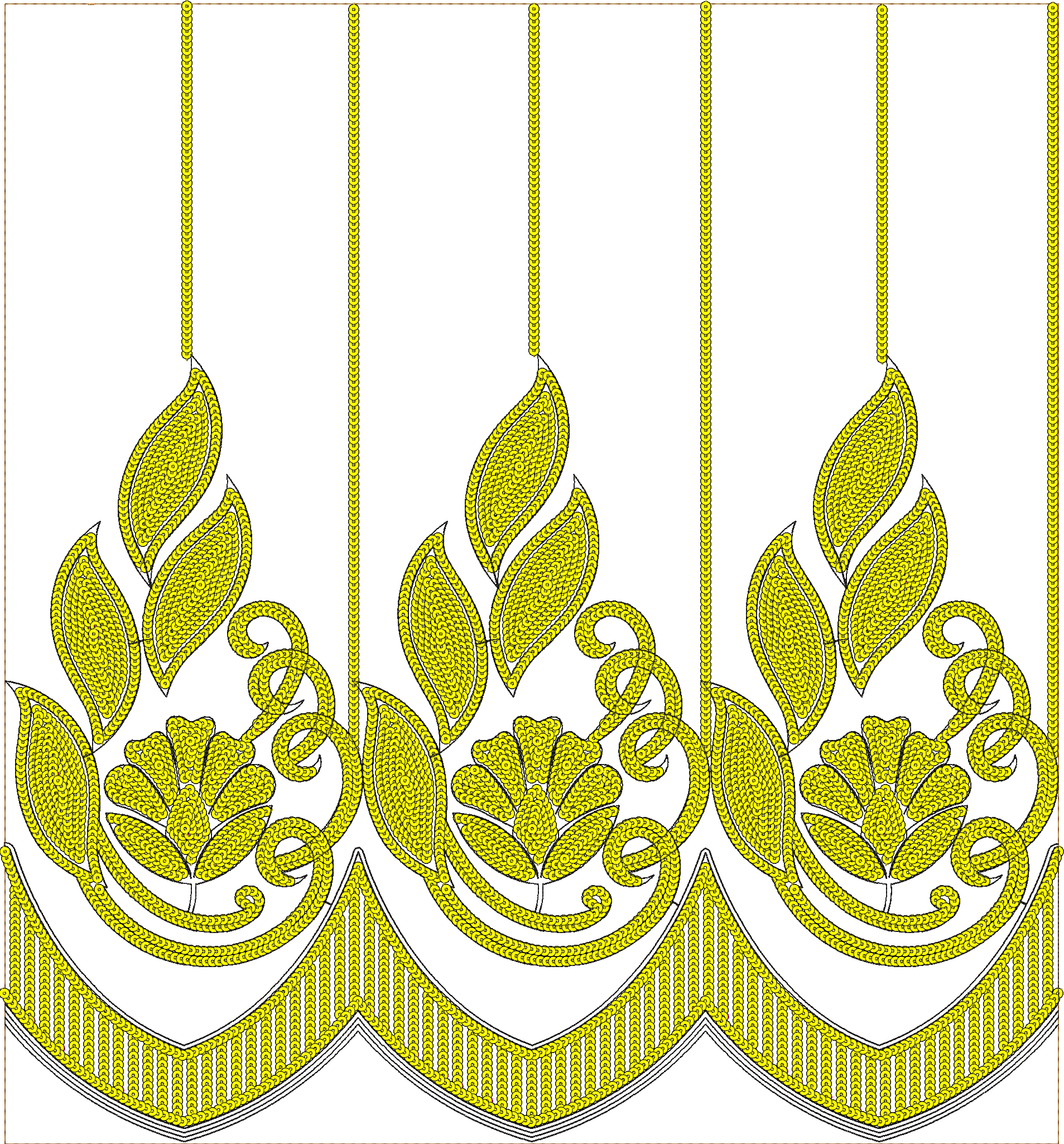 Embroidery design: A yellow embroidery design featuring a floral border with ornamental scrollwork, vines, foliage, and flower motifs.