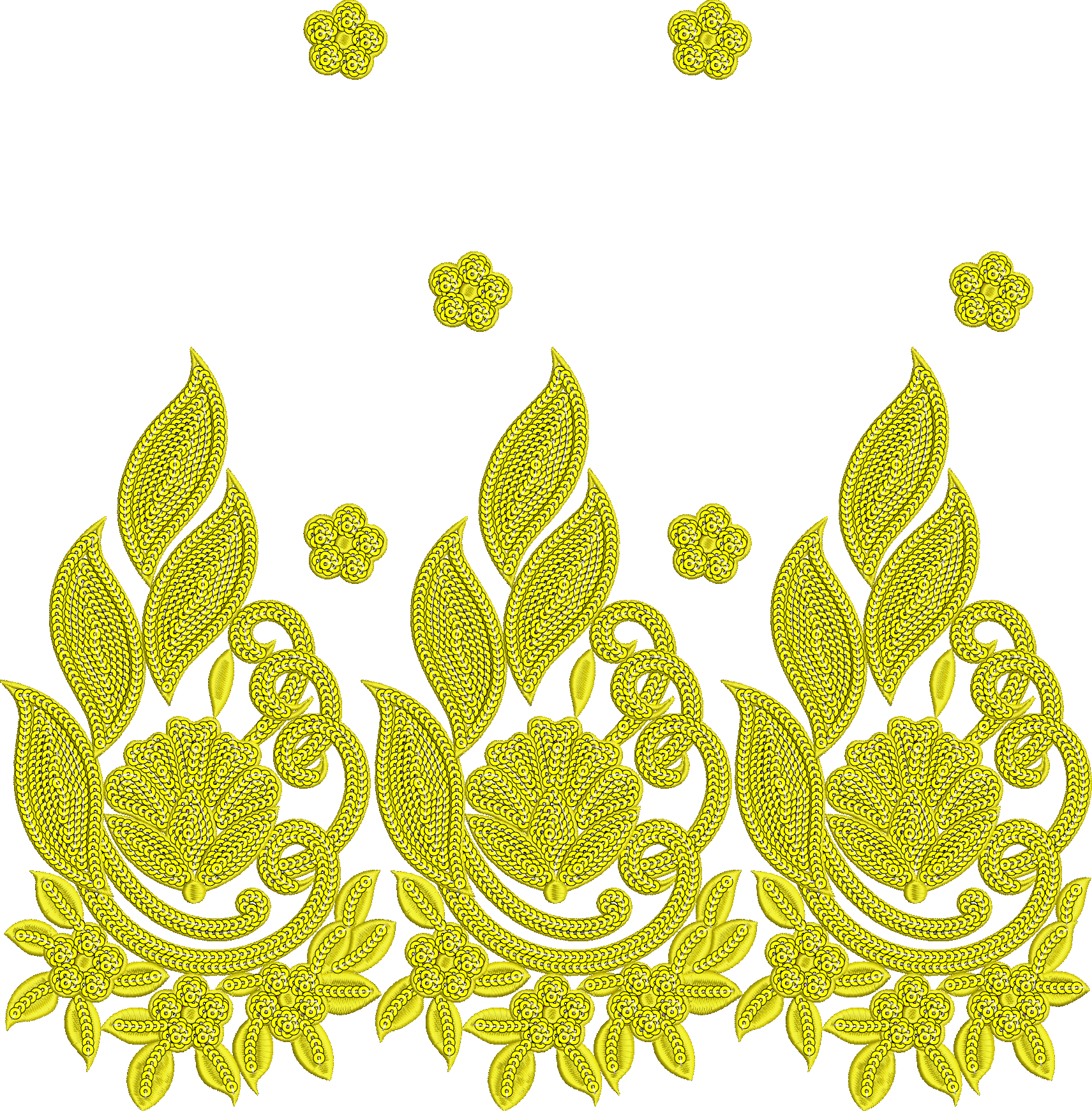 Embroidery design: A yellow embroidery design featuring a repeating border pattern of stylized leaves, scrollwork, and flowers.