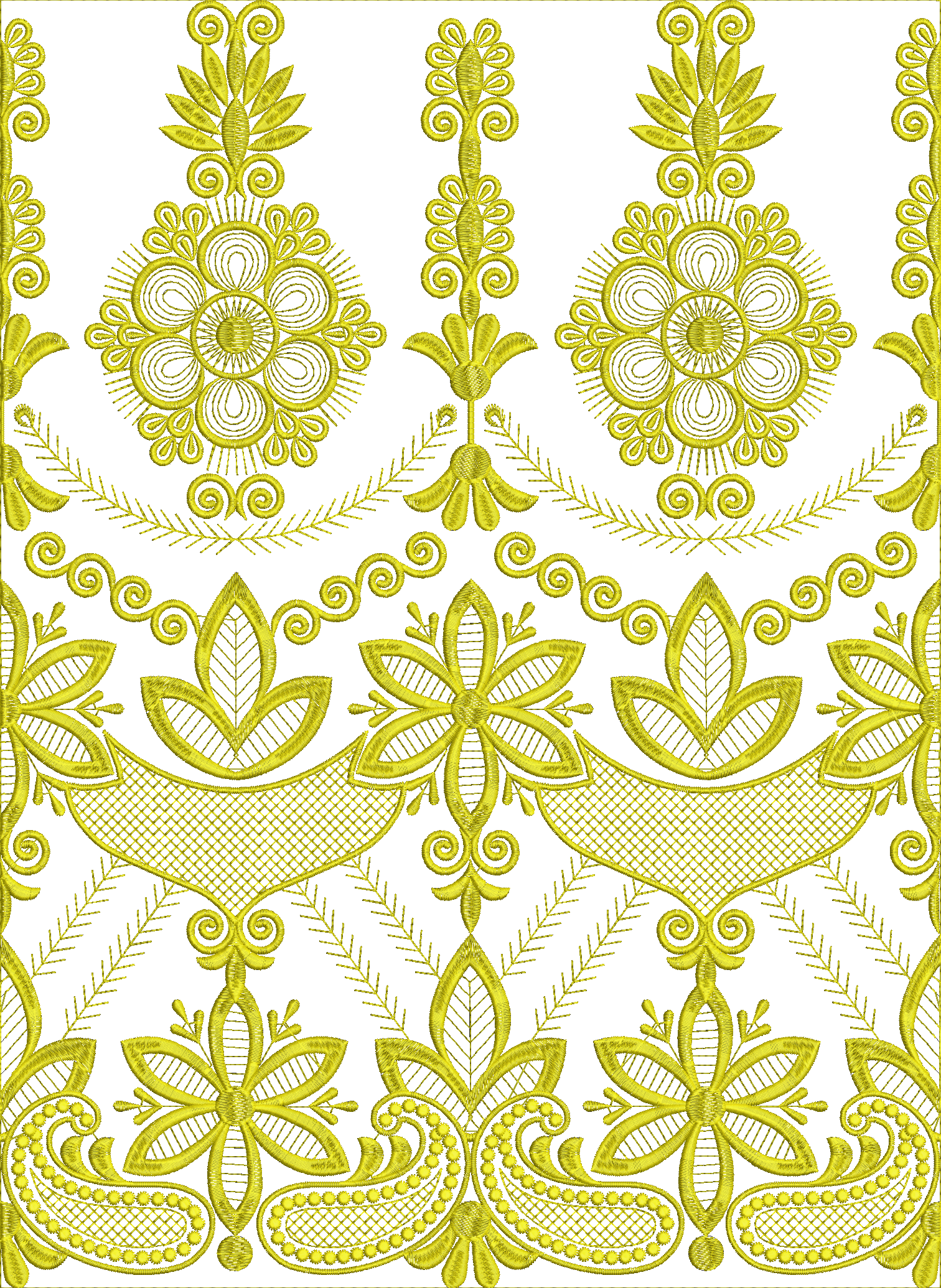 Embroidery design: A yellow ornamental embroidery border featuring repeating symmetrical floral motifs with intricate scrollwork and leaf d