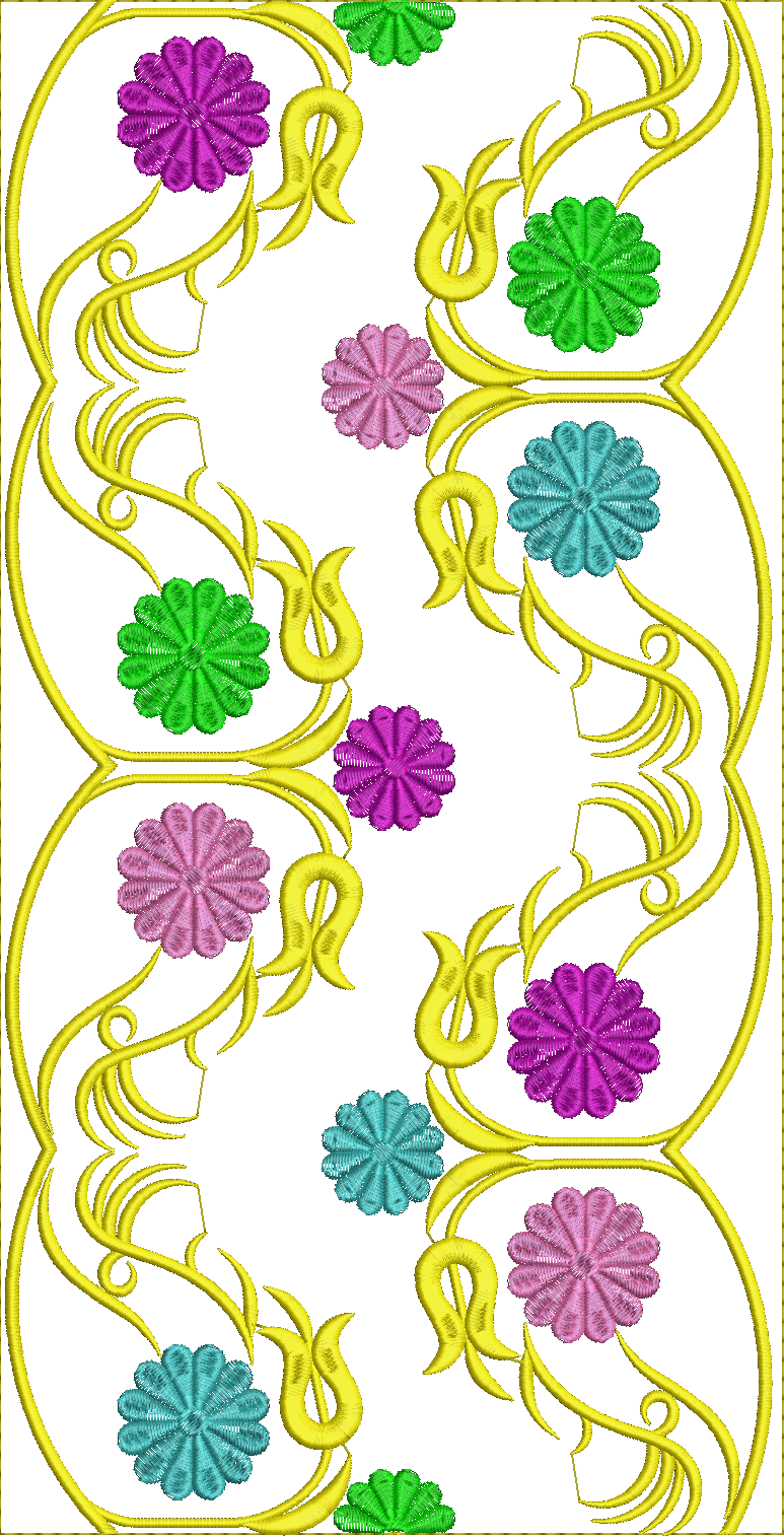 Embroidery design: A decorative embroidery design with repeating floral motifs in purple, pink, teal, and green, intertwined with yellow sc