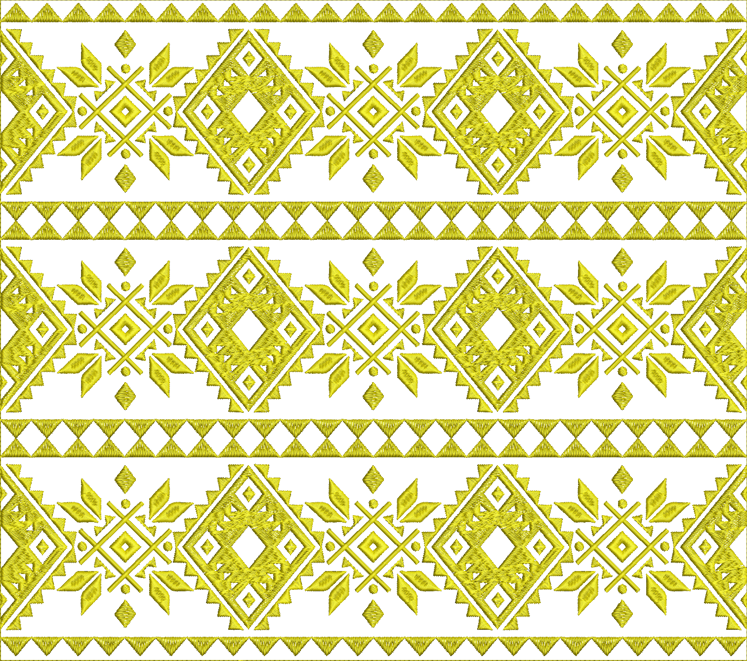 Embroidery design: A repeating, symmetrical, golden yellow embroidery design with a geometric pattern that includes diamonds, triangles, an