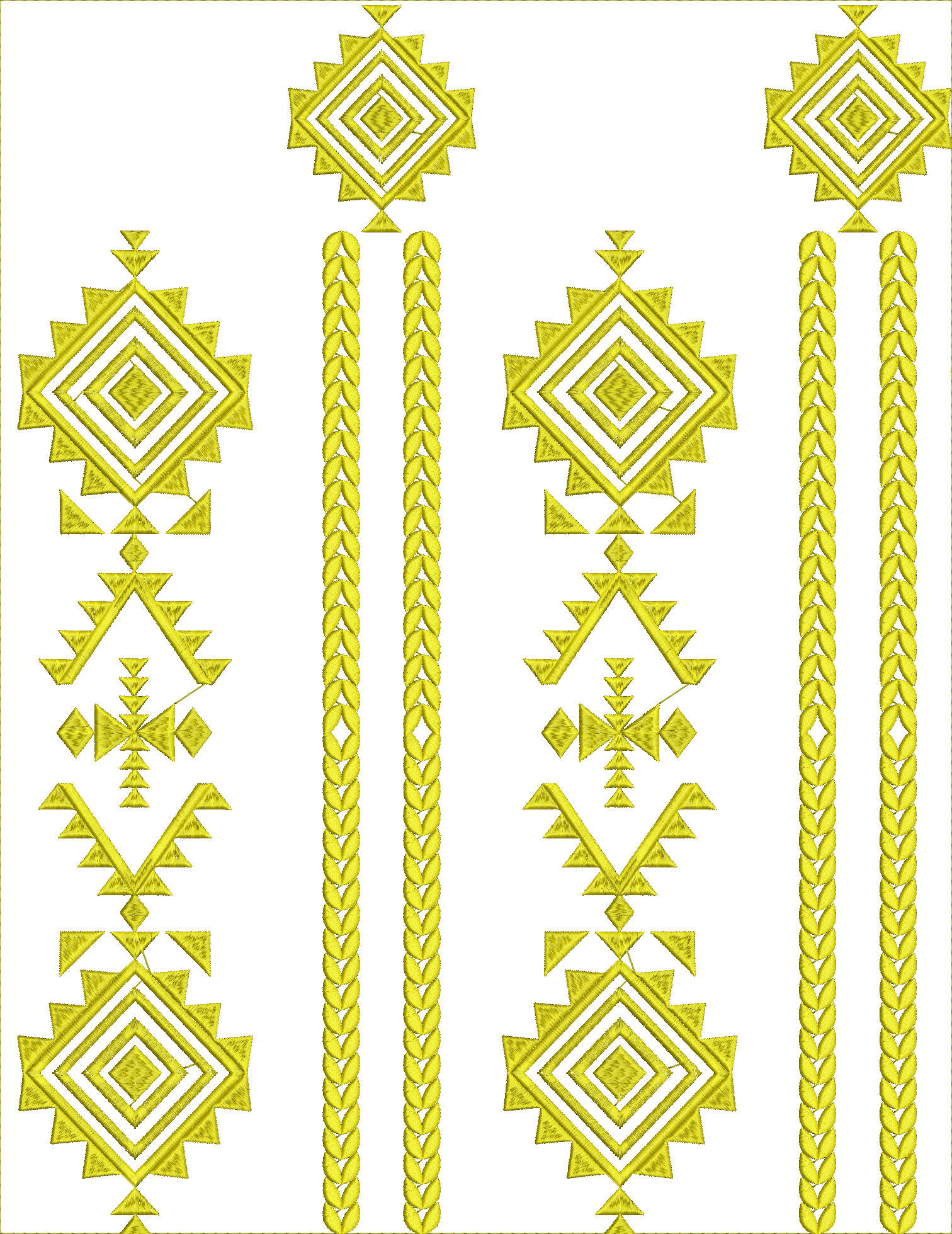 Embroidery design: A traditional and ethnic embroidery design featuring repeating geometric motifs of diamonds and triangles, bordered by t
