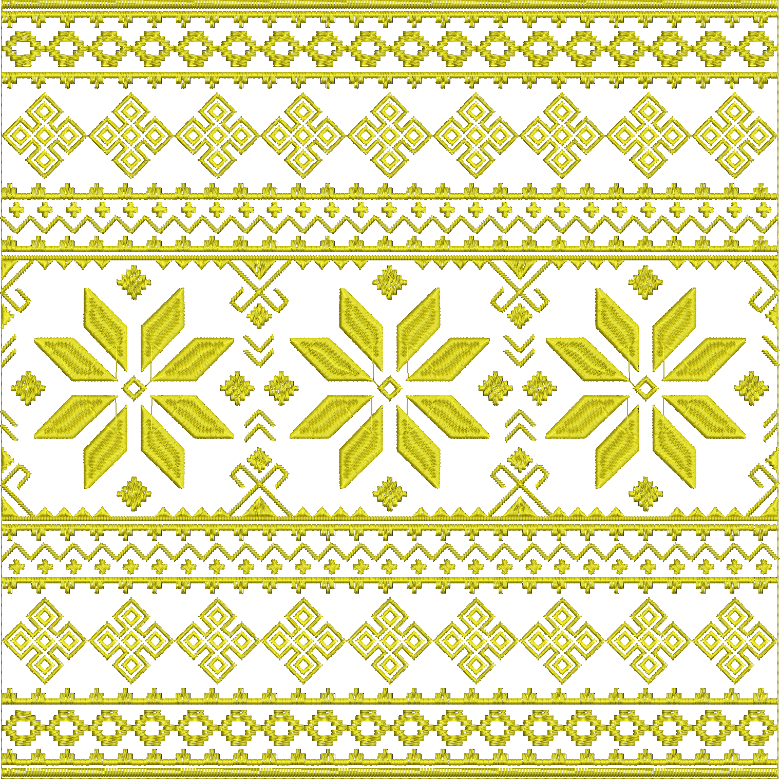 Embroidery design: A decorative, repeating border embroidery design with traditional and ethnic geometric motifs in gold.