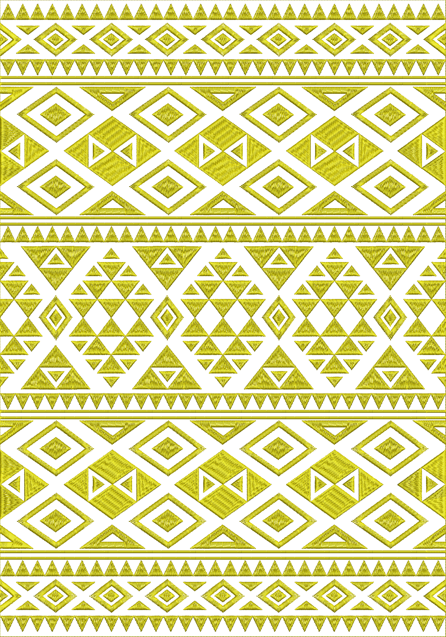 Embroidery design: A repeating yellow geometric embroidery design with diamond and chevron motifs, suitable for a border.