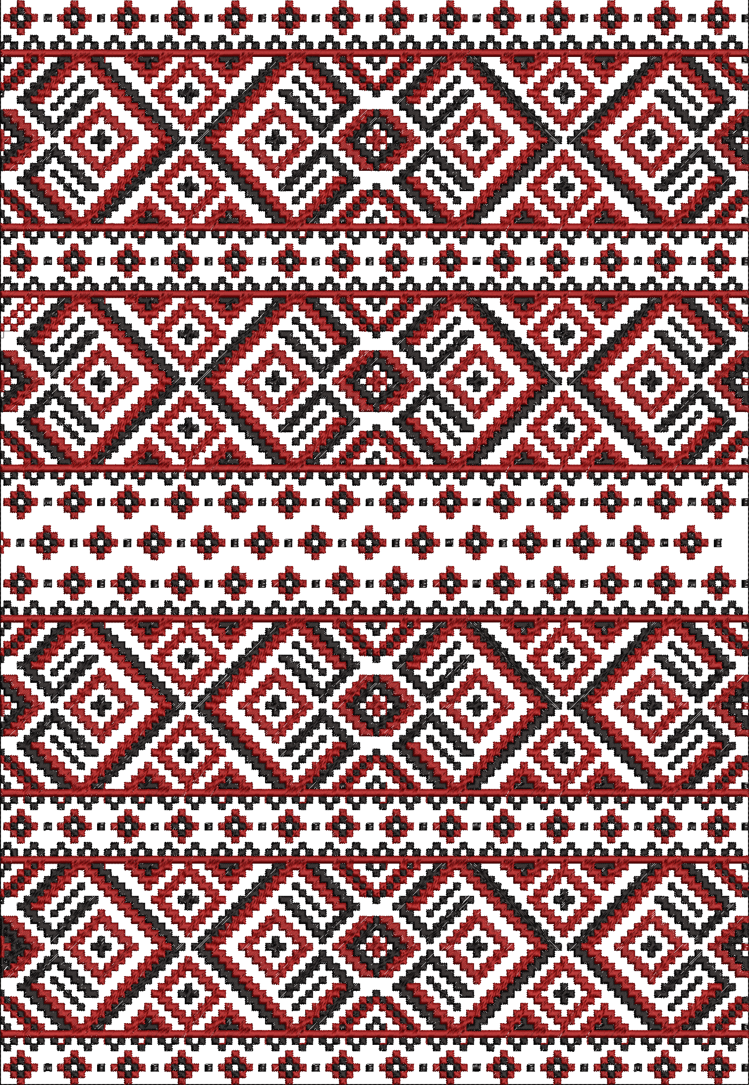 Embroidery design: A traditional ethnic embroidery design with repeating geometric patterns in red, black, and white, featuring diamond and