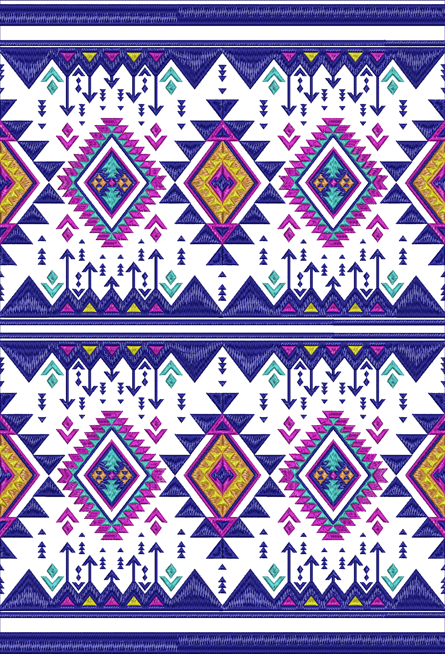 Embroidery design: A repeating ethnic geometric border pattern with blue, magenta, teal, and yellow colors. Features diamond and arrow-like