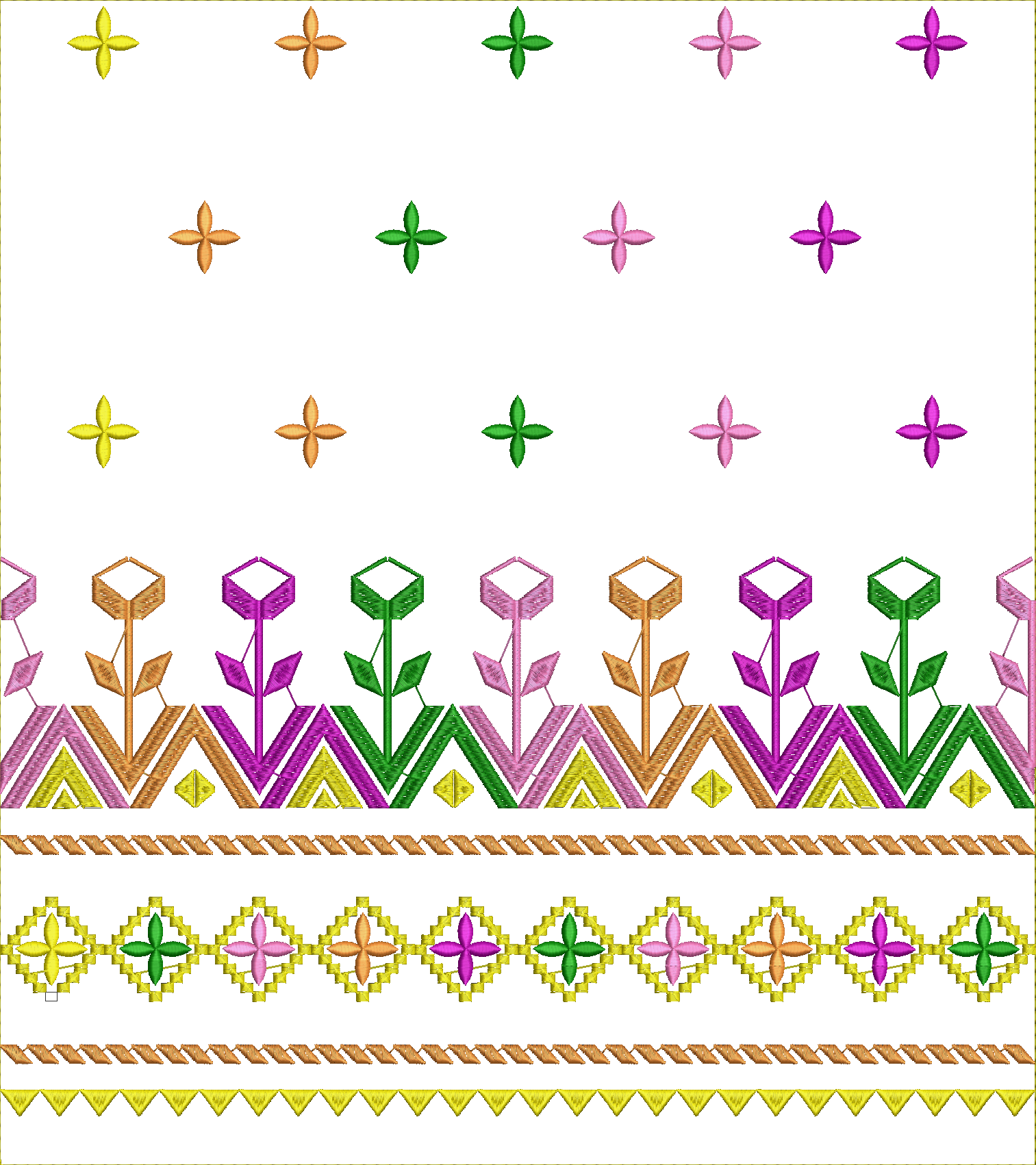 Embroidery design: A multi-band embroidery design featuring scattered four-petaled flowers, stylized geometric flowers with zigzag patterns