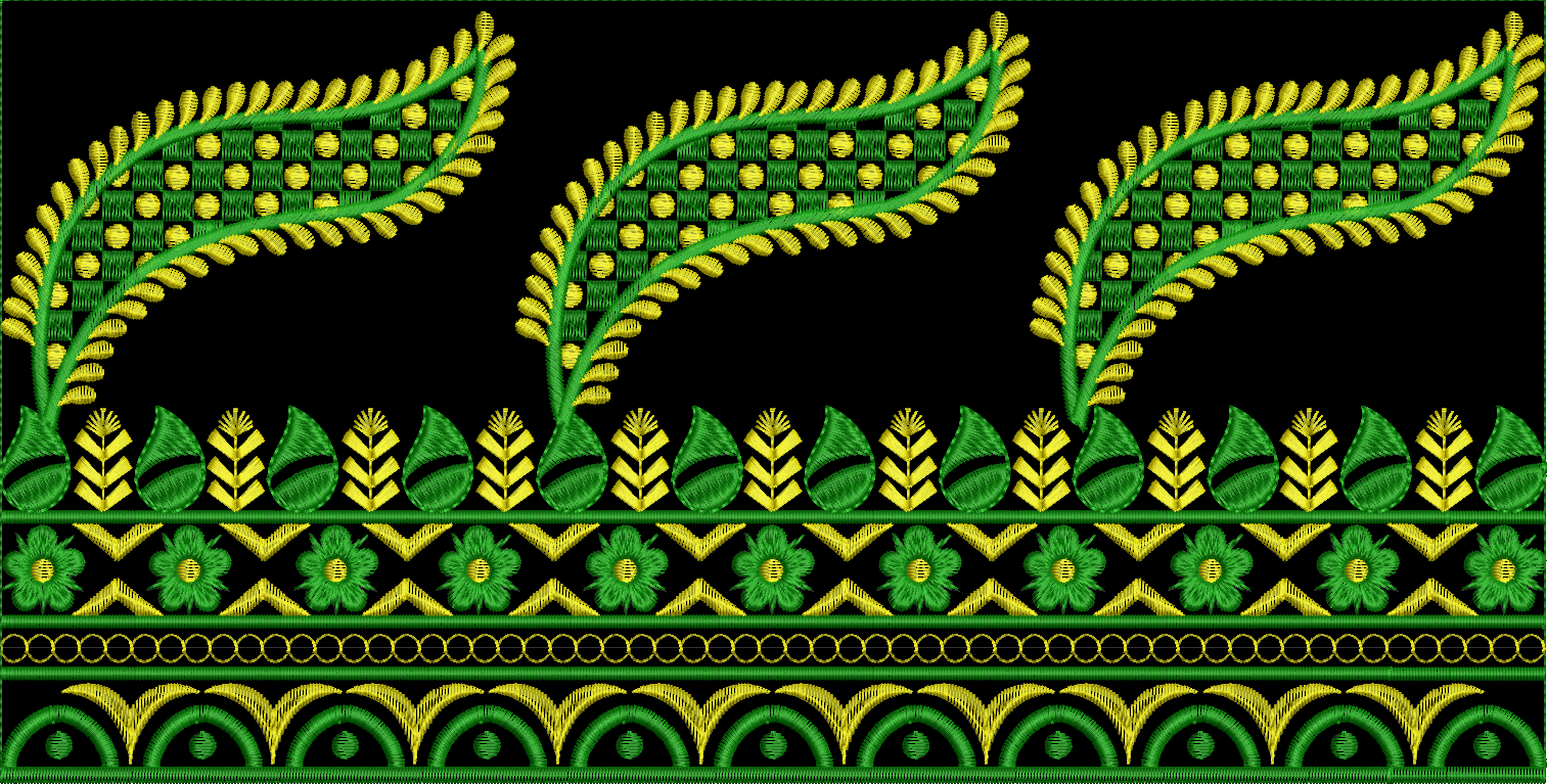 Embroidery design: A traditional and ethnic horizontal embroidery border in green and yellow on a black background, featuring repeating pai