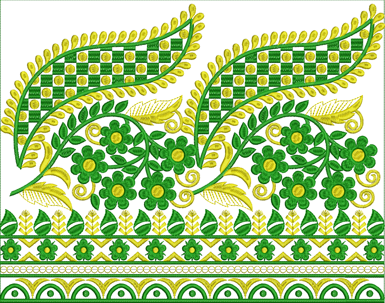 Embroidery design: A decorative embroidery border design featuring green and yellow floral, leaf, and geometric motifs in a traditional orn