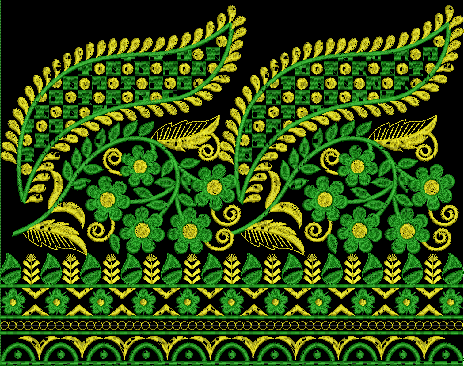Embroidery design: A digital embroidery design featuring a repeating floral and geometric border in green and yellow, with leafy vine patte
