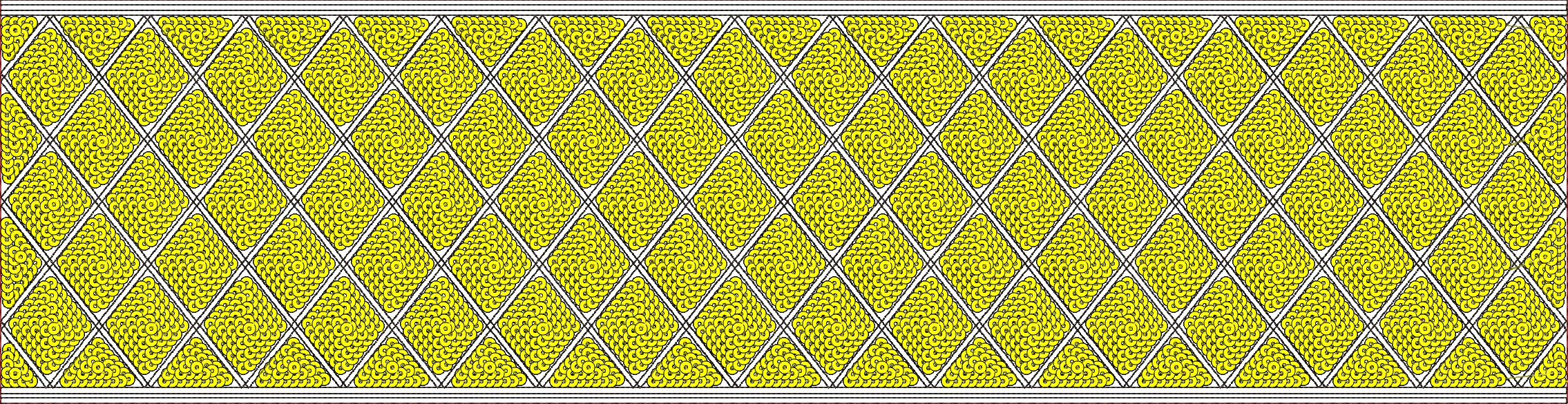 A repeating geometric pattern of yellow diamond shapes, each containing a dense circular motif. The design has black outlines and thin red and white stripes at the top and bottom.
