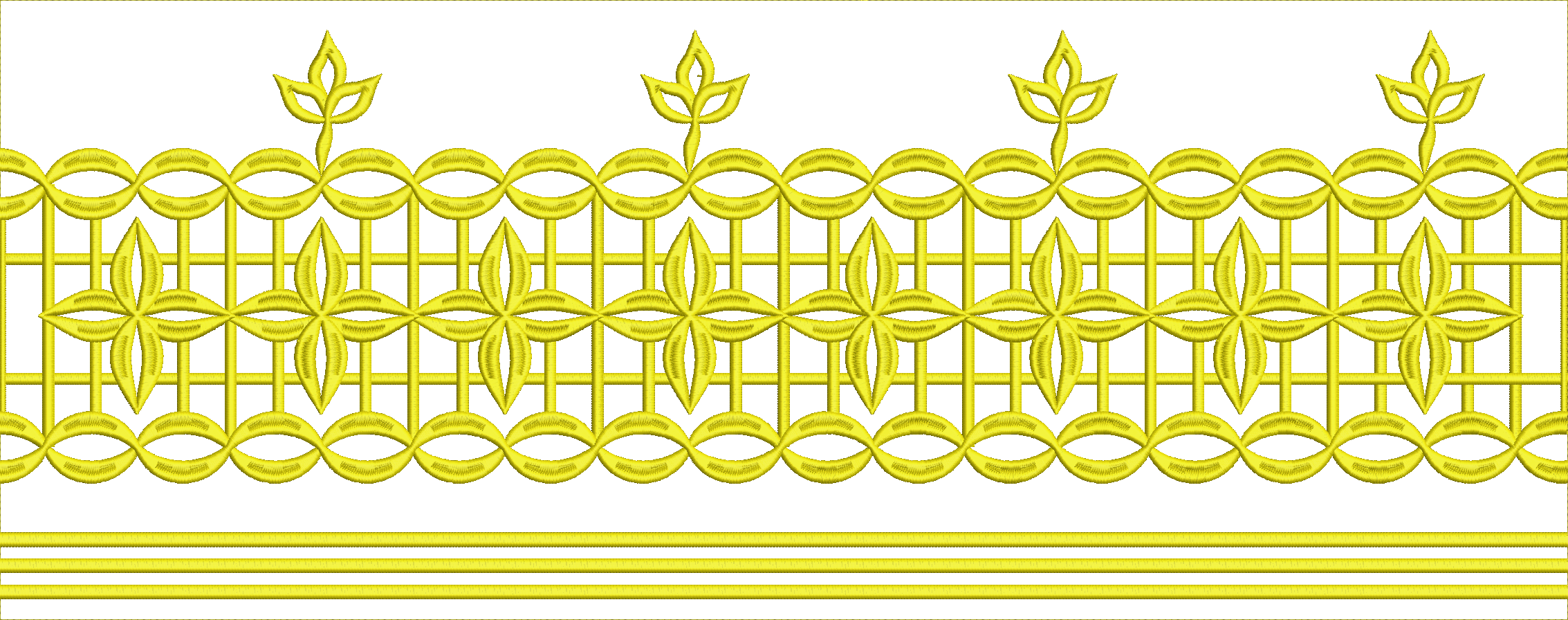 Embroidery design: A yellow embroidery design featuring a repeating geometric and floral border with ornamental and decorative elements, re