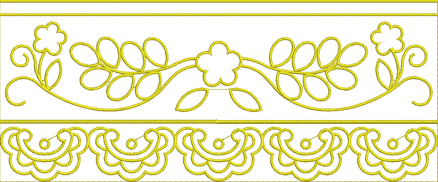 Embroidery design: A yellow embroidery design featuring two decorative horizontal borders. The top border consists of scrolling vines with 