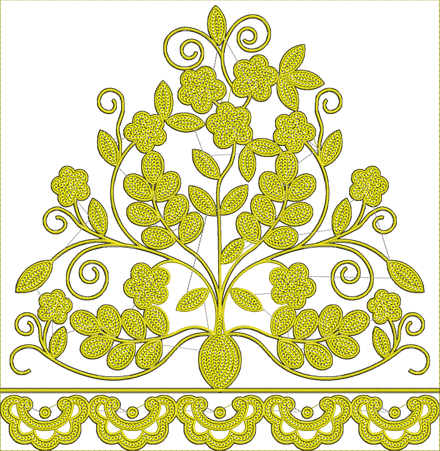 Embroidery design: A yellow embroidery design featuring a tree with flowers, leaves, and vines, with a decorative border along the bottom. 