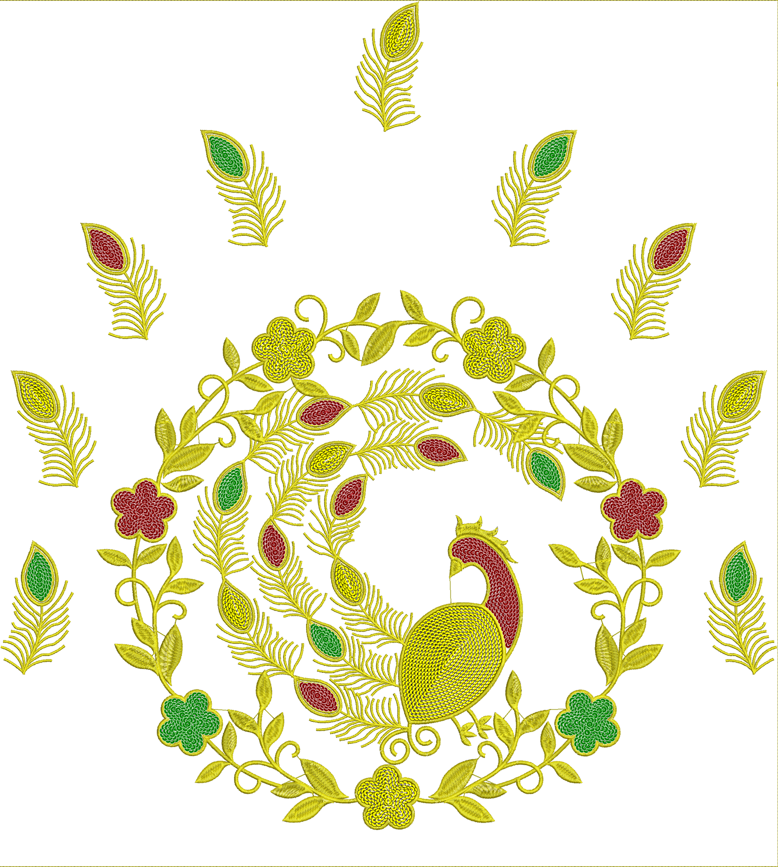 Embroidery design: An ornamental embroidery design featuring a peacock surrounded by floral and botanical elements, with peacock feathers, 