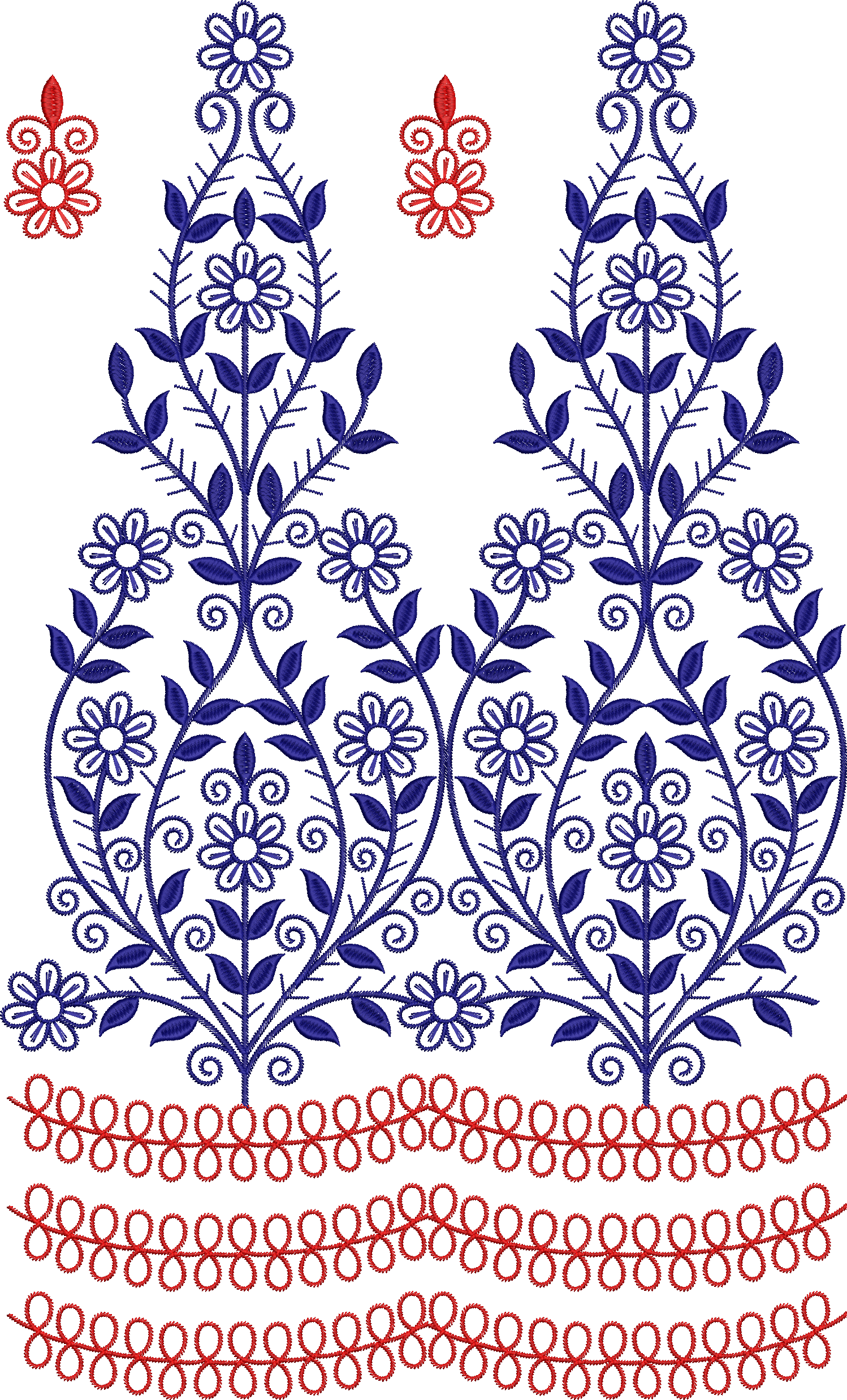 Embroidery design: A symmetrical embroidery design with blue floral and vine motifs, accented by red floral elements at the top and red cha