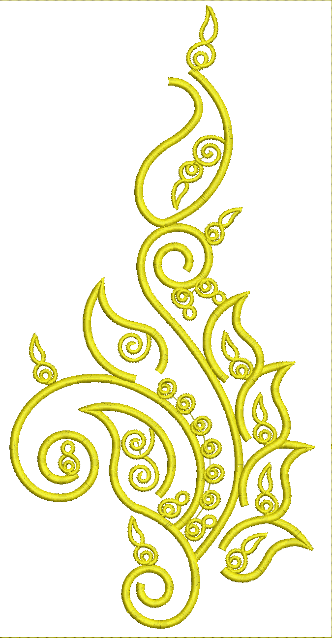 Embroidery design: A decorative yellow embroidery design with intricate scrollwork and abstract ethnic motifs.
