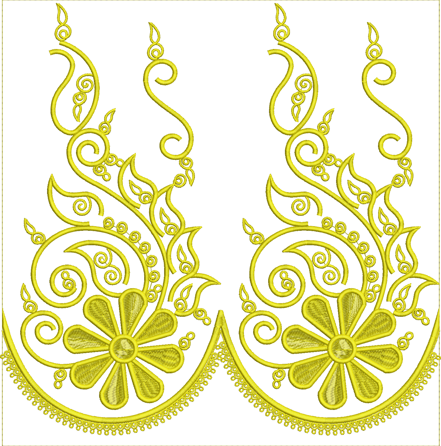 Embroidery design: A yellow embroidery design featuring floral and scrollwork motifs with a lace-like border.