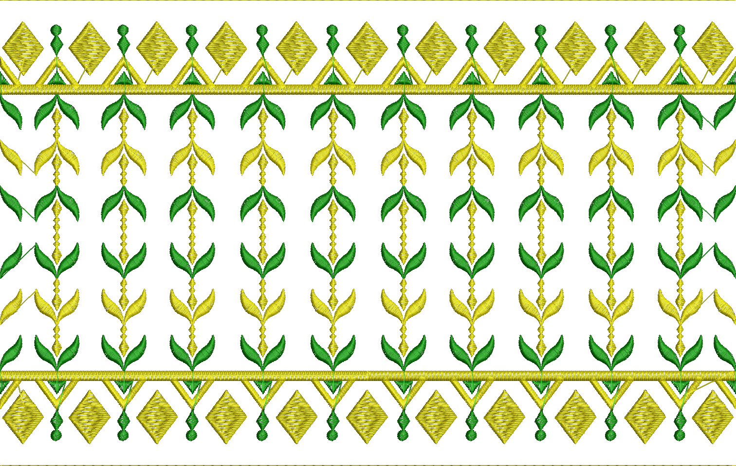 Embroidery design: A decorative embroidery border design featuring repeating symmetrical patterns of green and yellow leaves and diamond sh