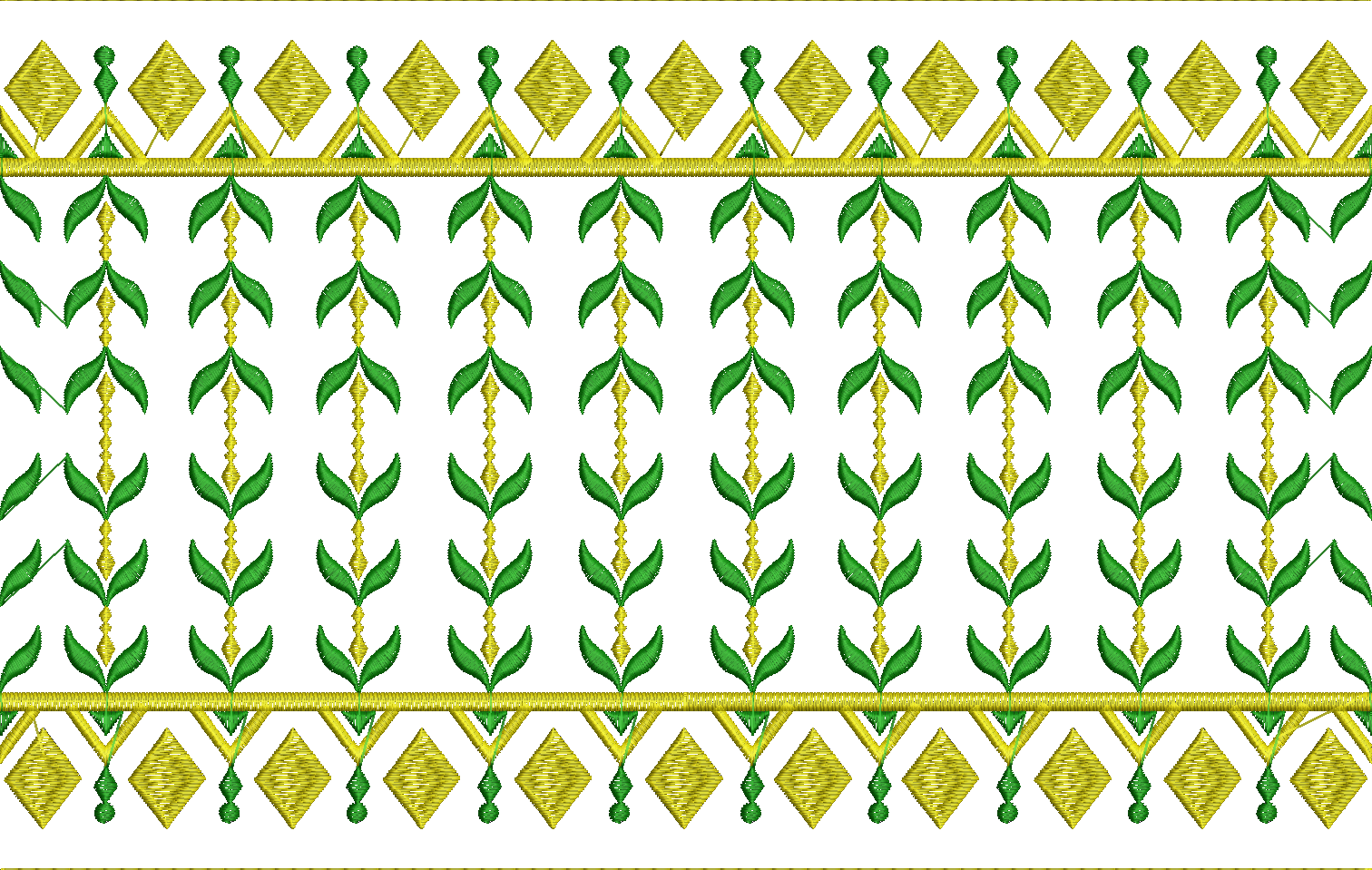 Embroidery design: A repeating horizontal border embroidery design with alternating rows of green leaves and yellow diamond shapes.