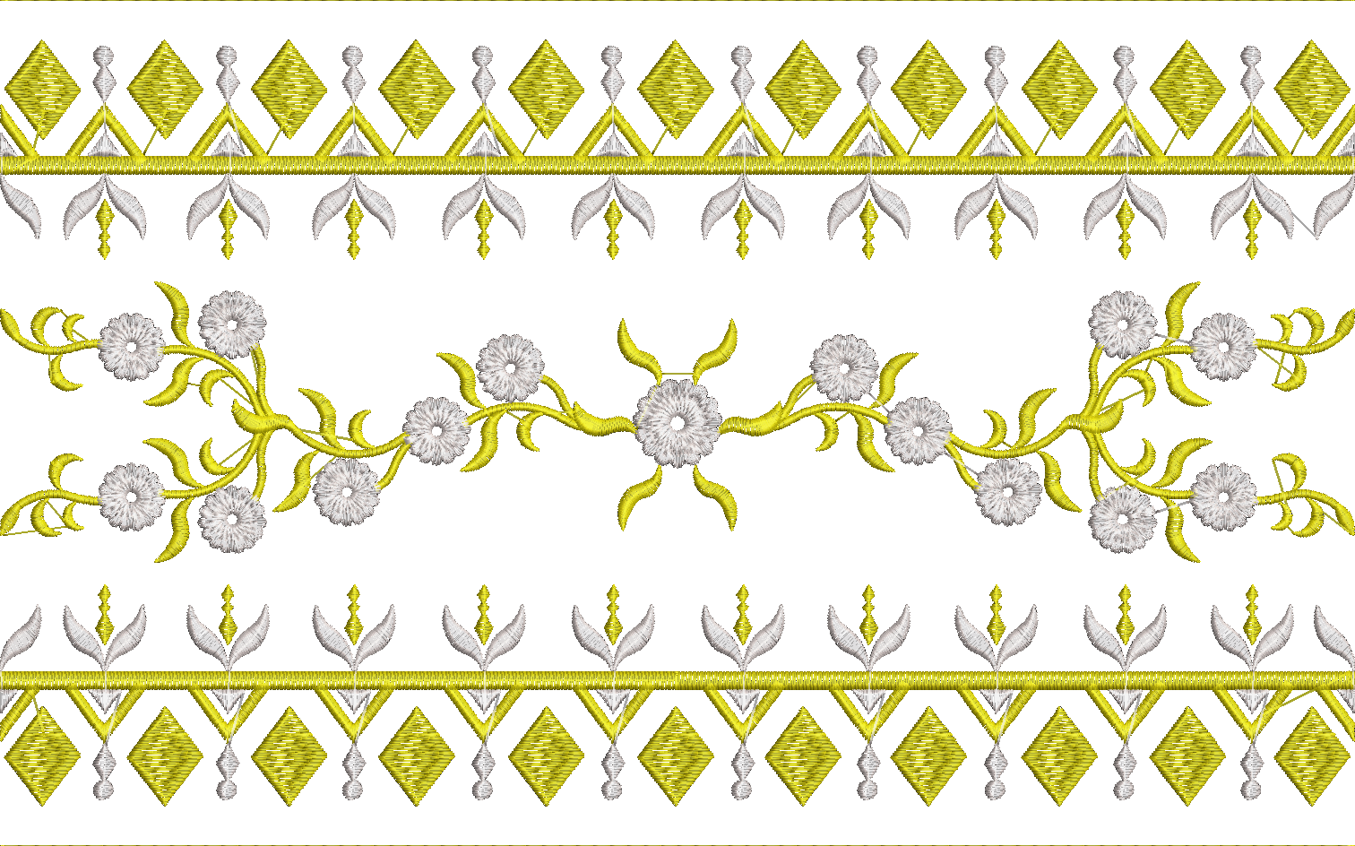 Embroidery design: A symmetrical horizontal embroidery border with a top and bottom section of yellow diamond and white inverted triangle g