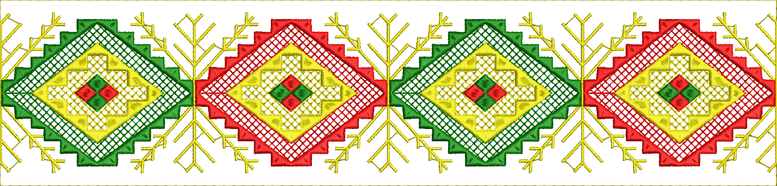 Embroidery design: A symmetrical, repeating border embroidery design featuring geometric patterns of diamonds and chevrons in yellow, green