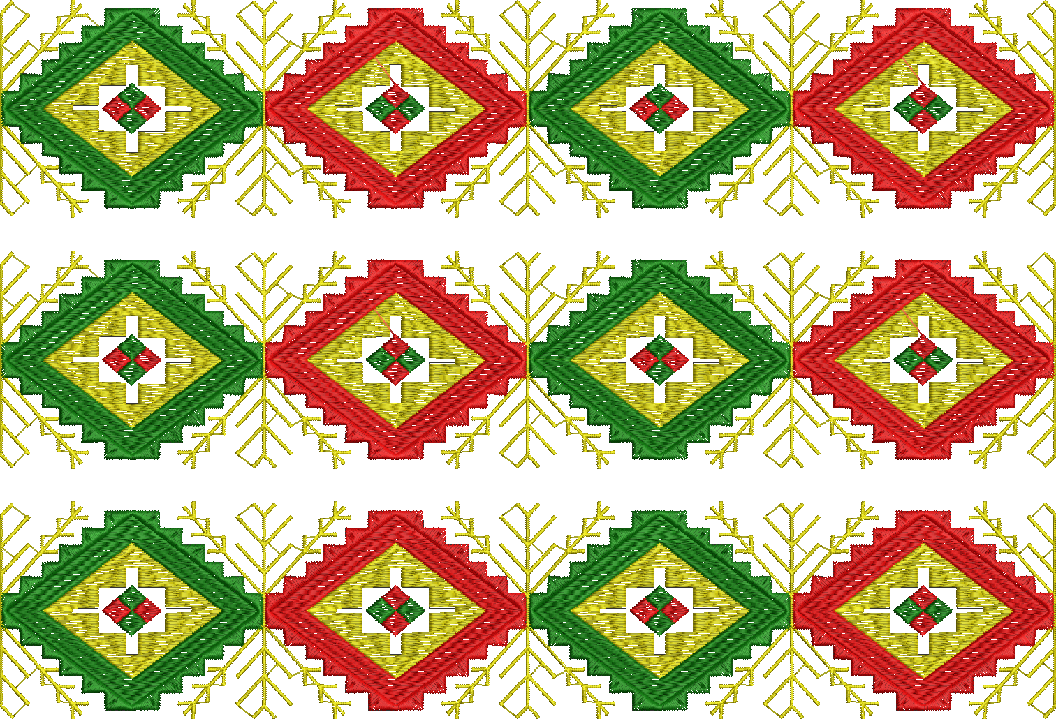 Embroidery design: A traditional ethnic embroidery design with repeating symmetrical diamond motifs in red, green, and yellow, suitable for