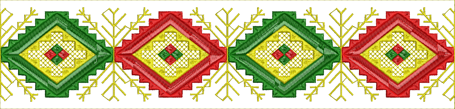 Embroidery design: A decorative embroidery border with repeating geometric diamond motifs in red, green, and yellow.
