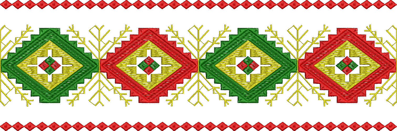 Embroidery design: A repeating embroidery border design with geometric and ethnic motifs in red, green, and yellow.