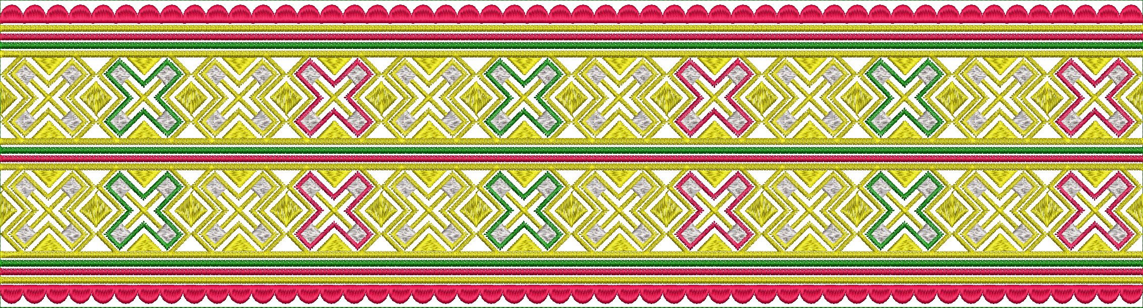 Embroidery design: A decorative embroidery border with a repeating yellow and green geometric pattern of interlocking diamonds, framed by p
