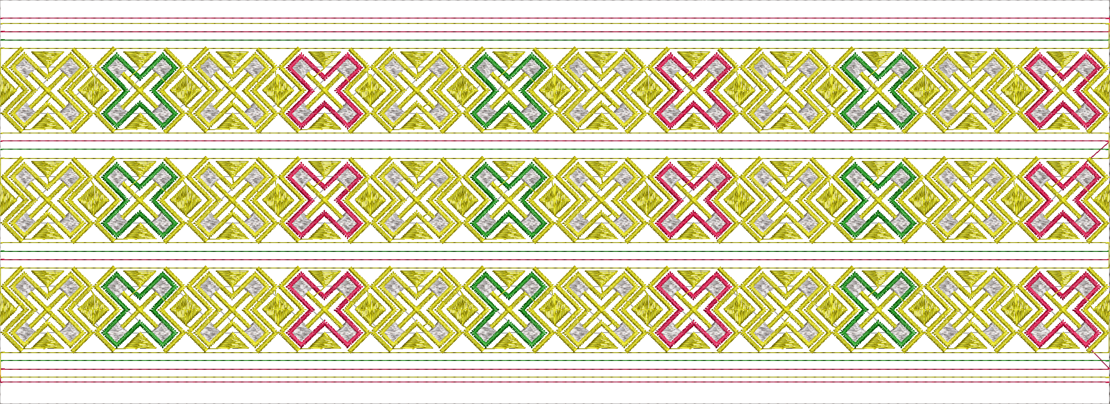 Embroidery design: A repeating horizontal border embroidery design with a geometric pattern of interlocking diamonds and zig-zag lines in y