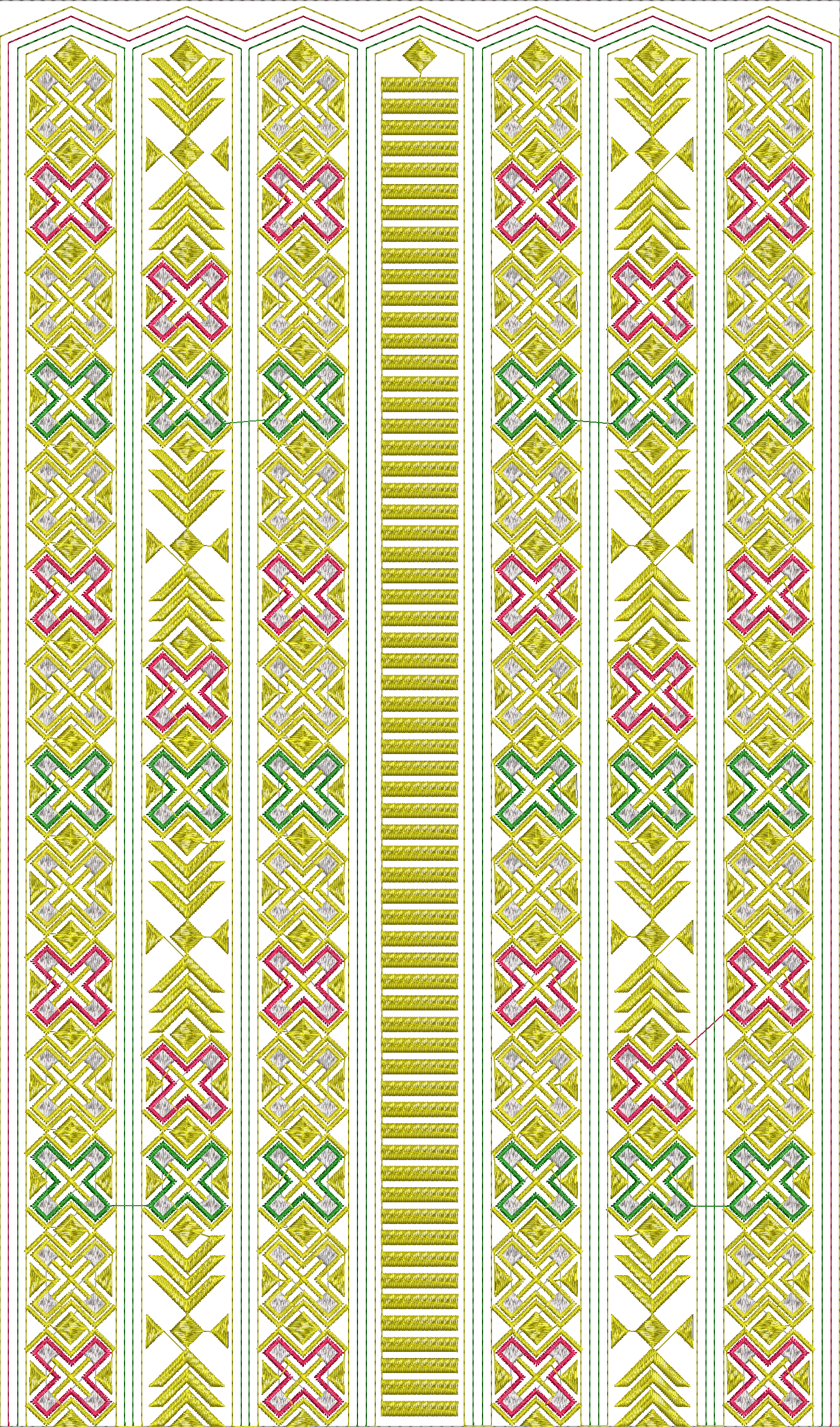 Embroidery design: A vertical embroidery panel with a repeating geometric pattern in gold, pink, and green, featuring symmetrical and mirro