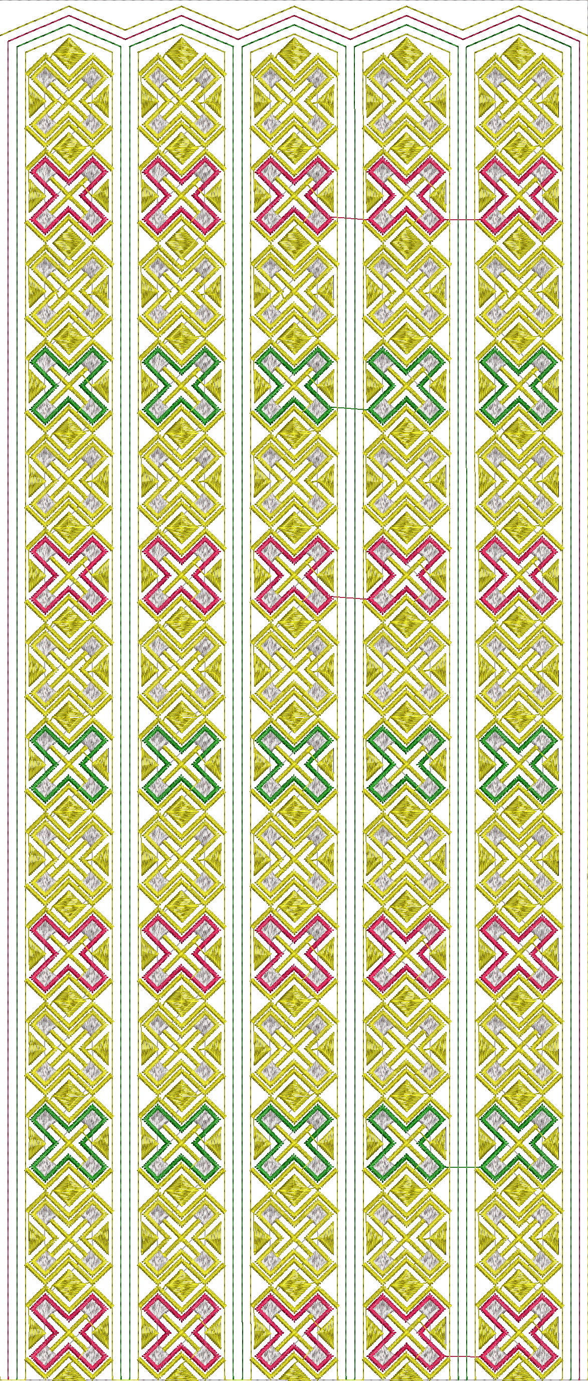 Embroidery design: A vertical embroidery border design featuring repeating geometric patterns in gold, pink, green, and silver, with interl