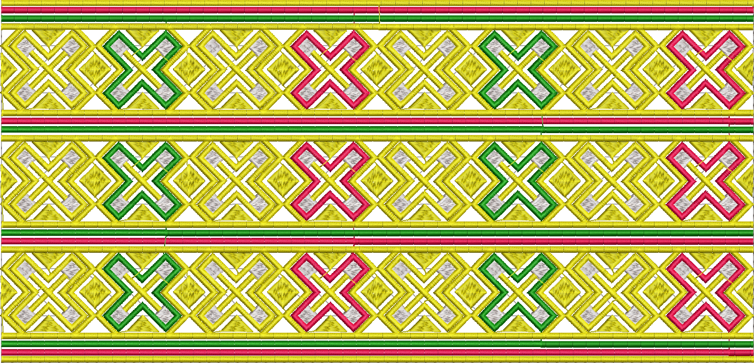 Embroidery design: A decorative embroidered border with repeating geometric diamond patterns in yellow, green, and pink.