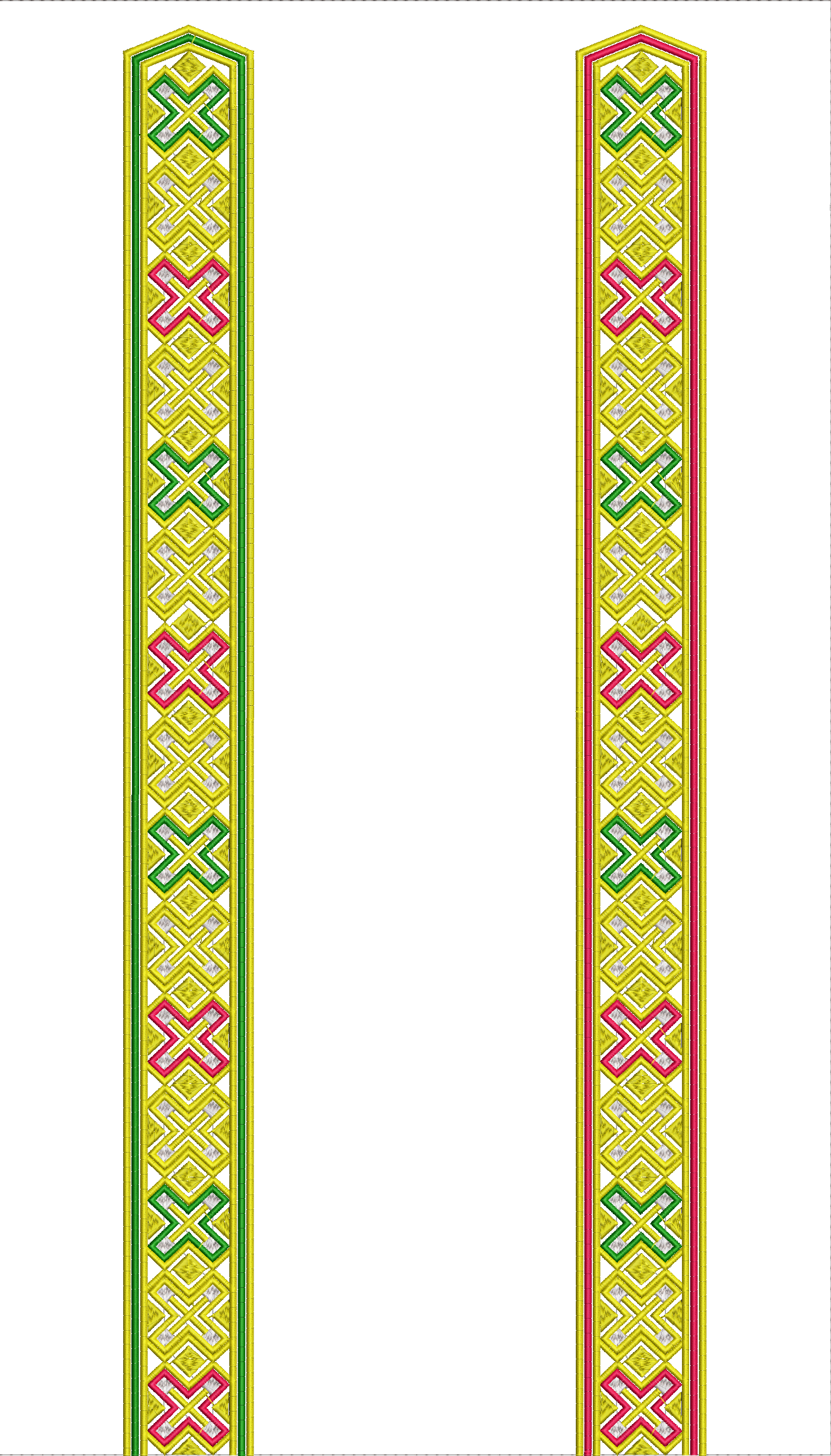 Embroidery design: A decorative vertical embroidery border design with a repeating geometric pattern of interlocking yellow diamonds and pi