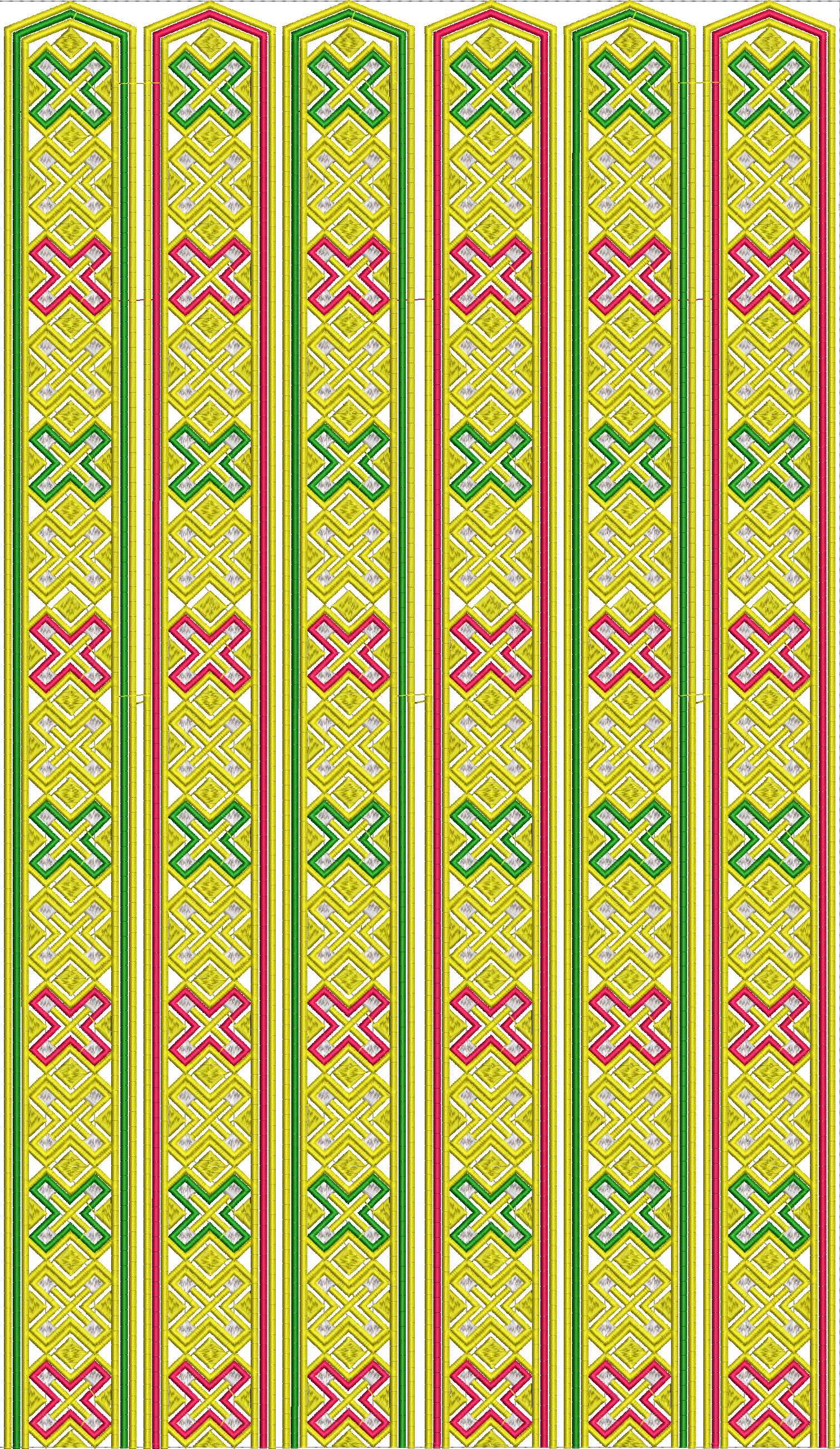 Embroidery design: A repeating vertical border embroidery design with intricate geometric and ornamental motifs in yellow, green, pink, and