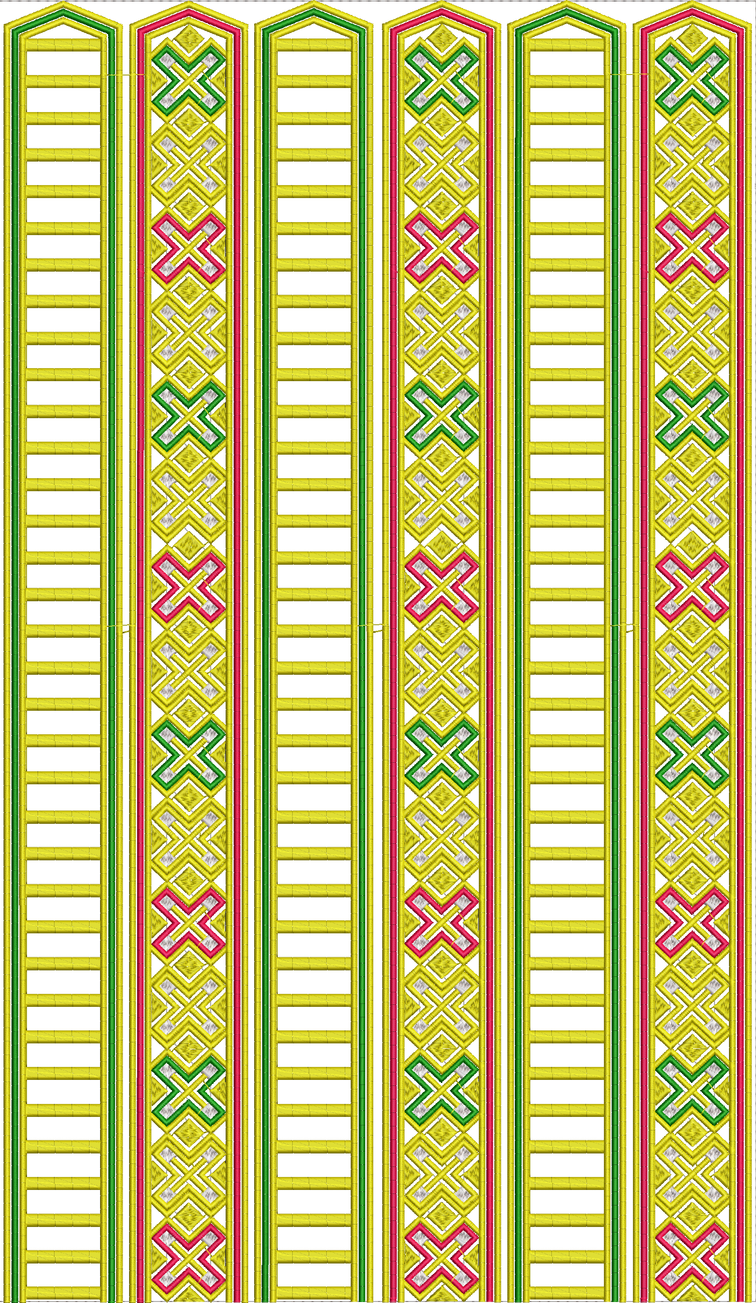 Embroidery design: A vertical embroidery border with repeating geometric and diamond patterns in yellow, pink, and green.
