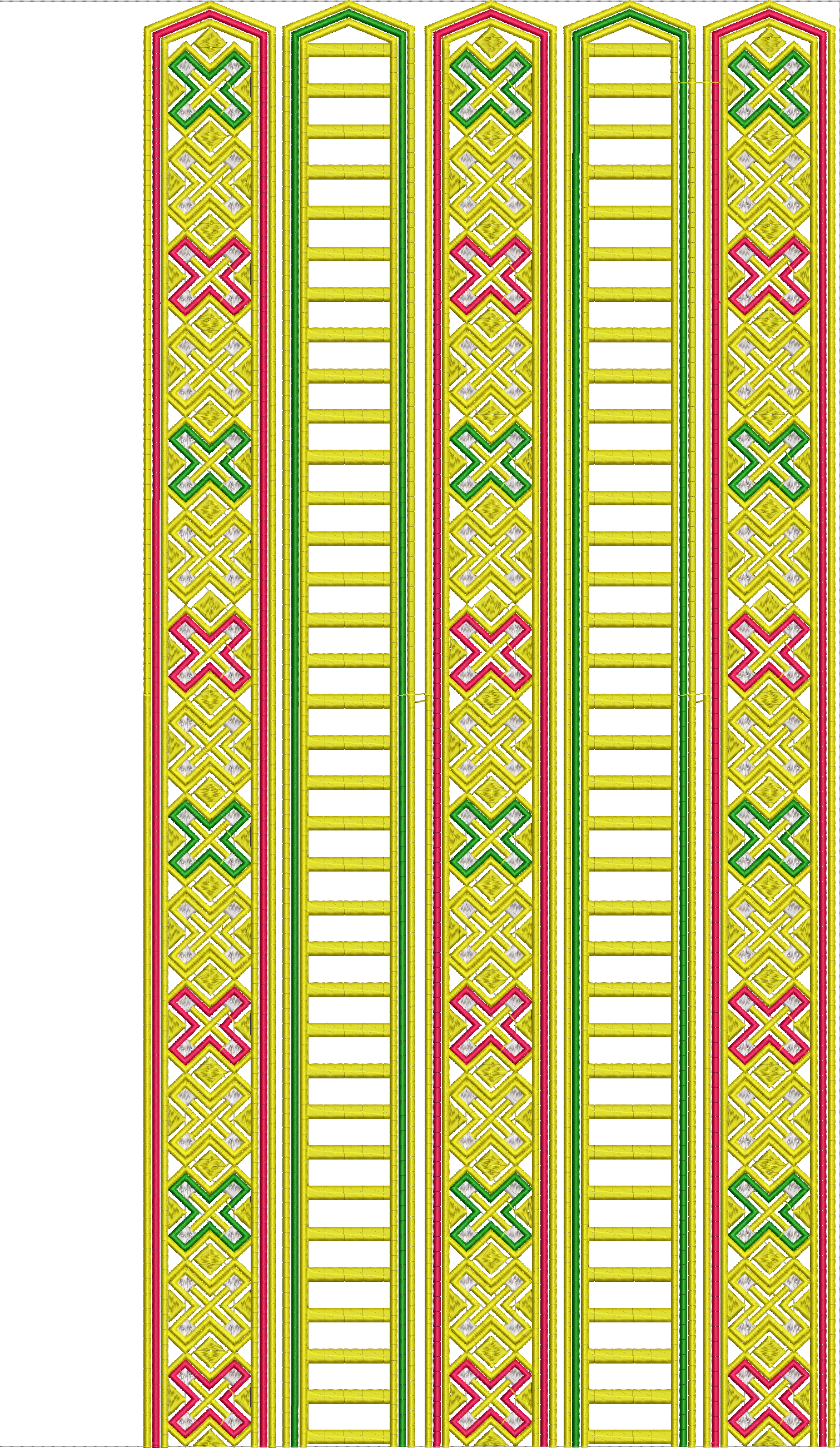 Embroidery design: A repeating vertical border embroidery design with geometric patterns in yellow, green, pink, and white, featuring latti