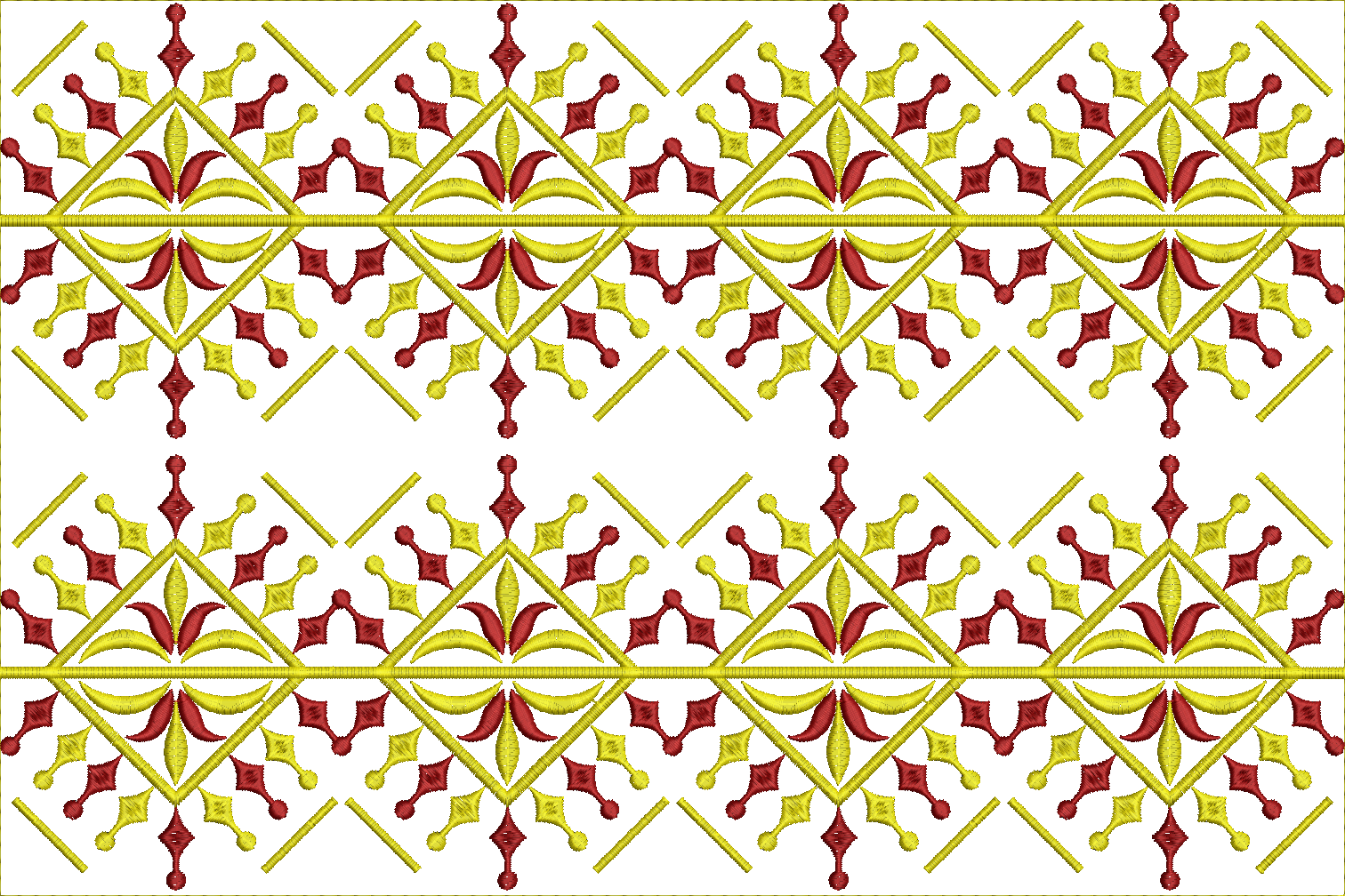 Embroidery design: A repeating ornamental embroidery design in red and yellow, featuring geometric patterns with stylized floral or leaf el