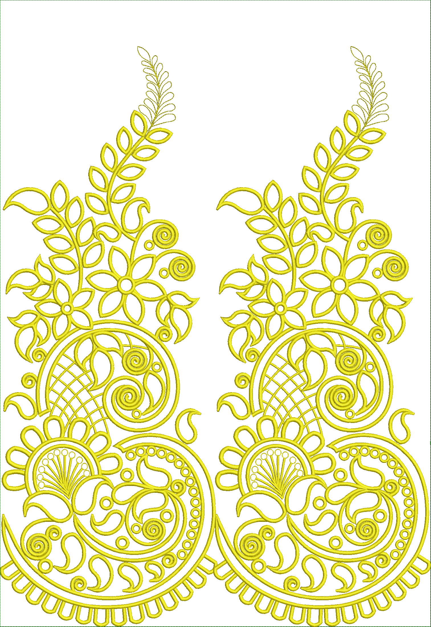 Embroidery design: A symmetrical embroidery design in yellow, featuring floral and botanical elements with scrollwork and vine motifs, rese