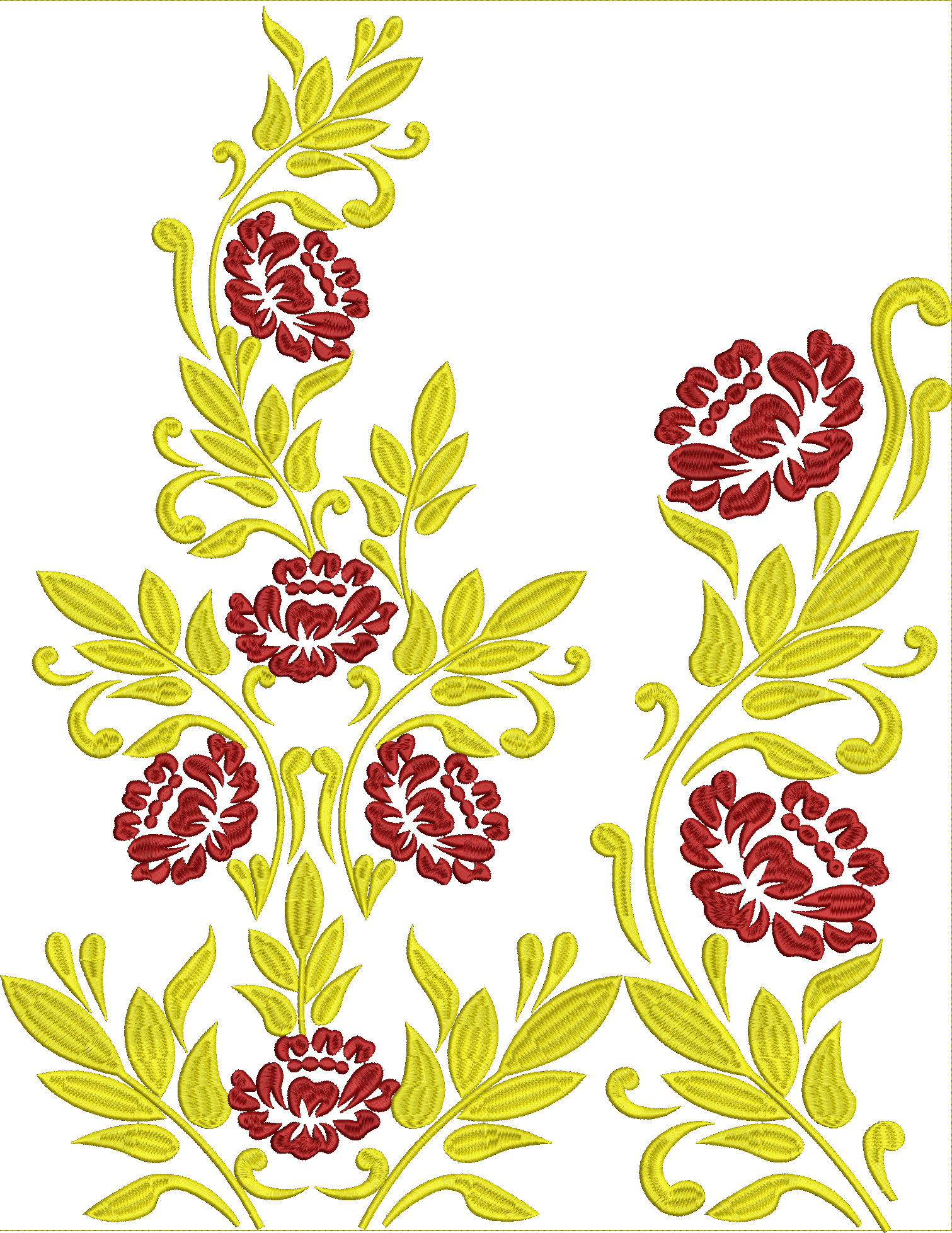 Embroidery design: A decorative embroidery design featuring symmetrical arrangements of red floral motifs intertwined with yellow-gold vine