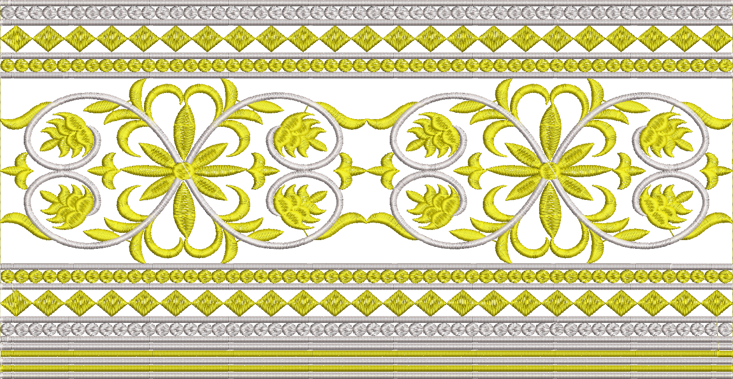 Embroidery design: A decorative floral border embroidery design with yellow and silver threads, featuring symmetrical repeating patterns of