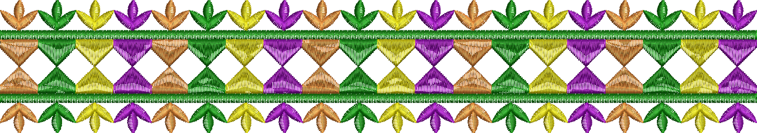 Embroidery design: A repeating, symmetrical decorative border embroidery design with geometric diamond and leaf-like motifs in purple, oran