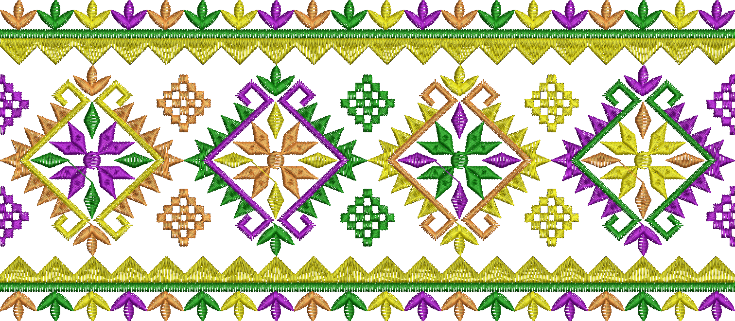 Embroidery design: A decorative border embroidery design featuring repeating symmetrical geometric and floral motifs in purple, green, yell