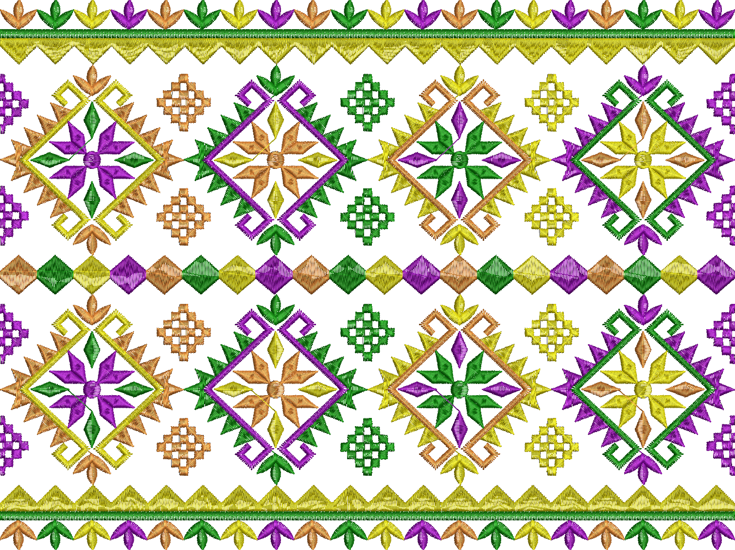 Embroidery design: A repeating horizontal embroidery border pattern with geometric and stylized floral motifs in purple, green, and golden-