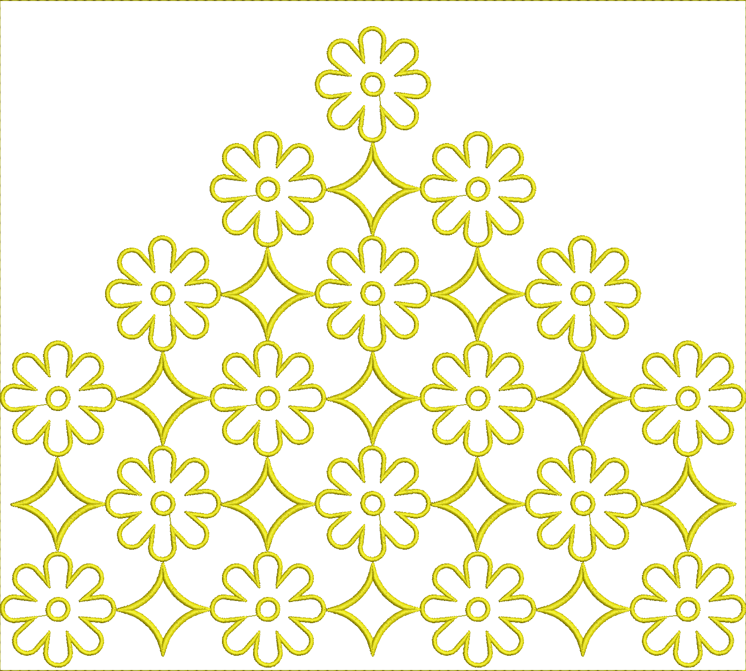 Embroidery design: A symmetrical, ornamental embroidery design featuring a repeating pattern of yellow stylized flowers and diamond shapes,